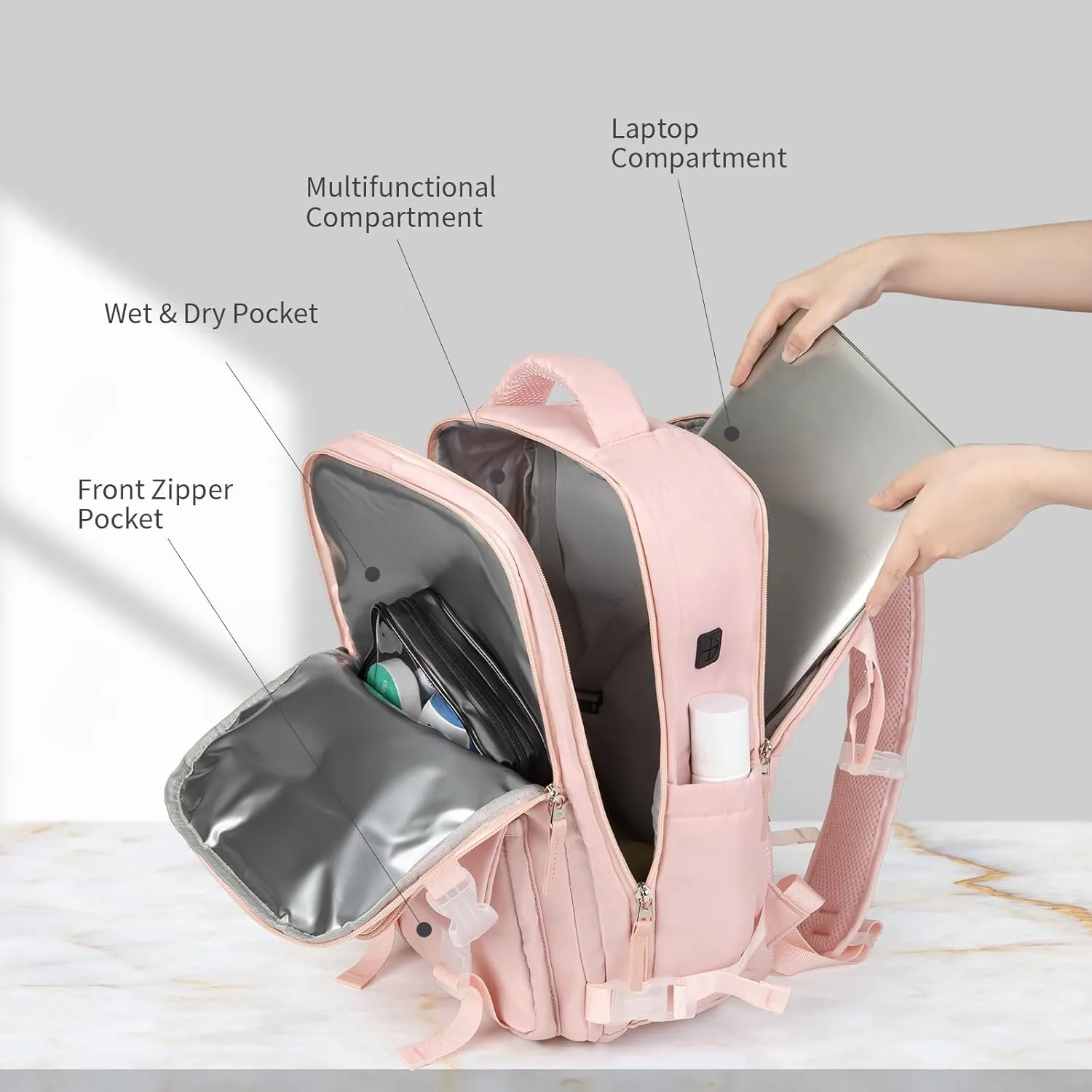 Travel Backpack For Women, 25L Waterproof Laptop Daypack for Traveling Camping, Small Carry On Flight Approved Backpacks (Pink)