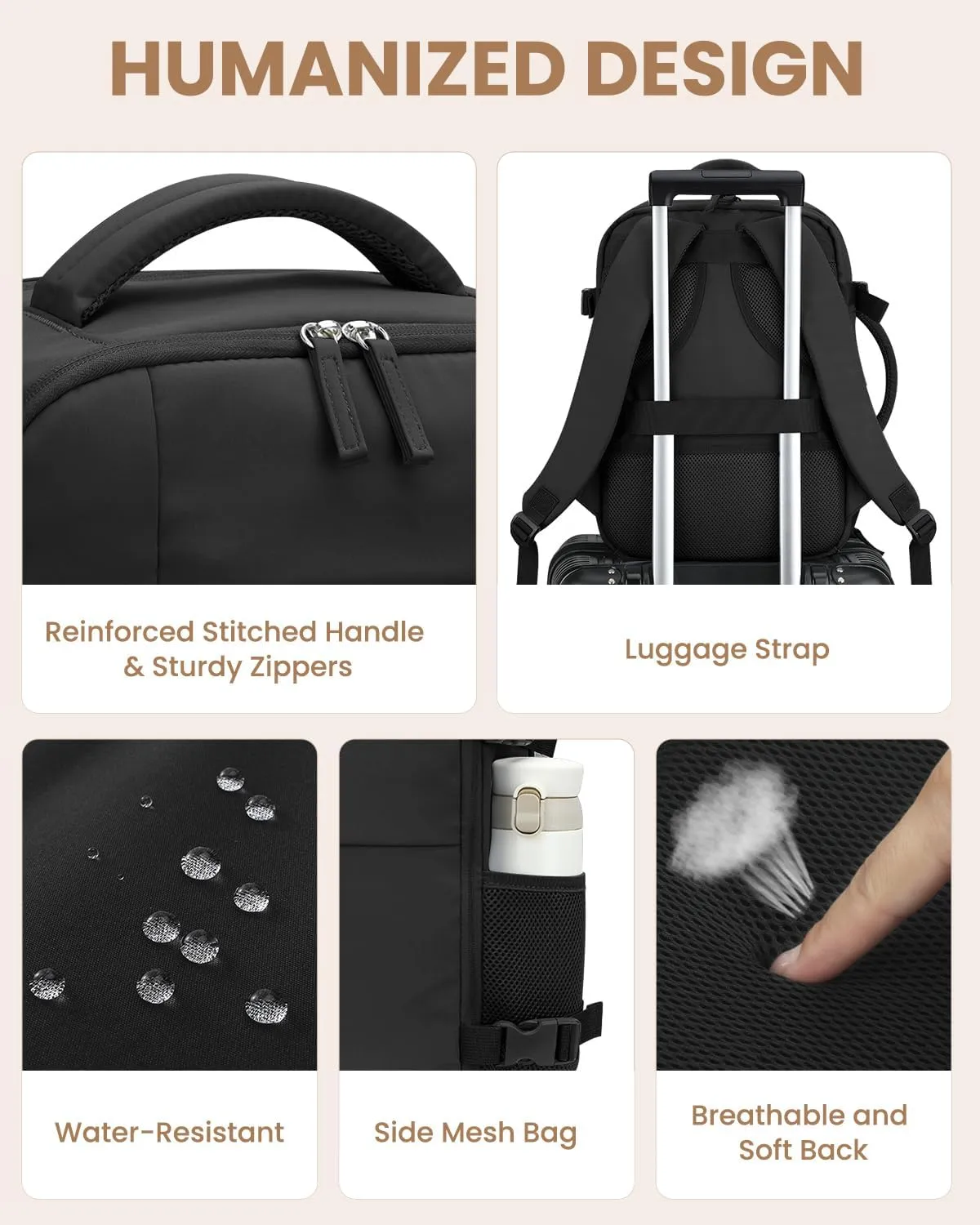 Travel Backpack for Women Man, Waterproof Personal Item Travel Bag Airline Approved Laptop Backpack Weekender bags Bookbag for Business,Travel, Work Fits 15.6 inch Laptop(Medium,Black)