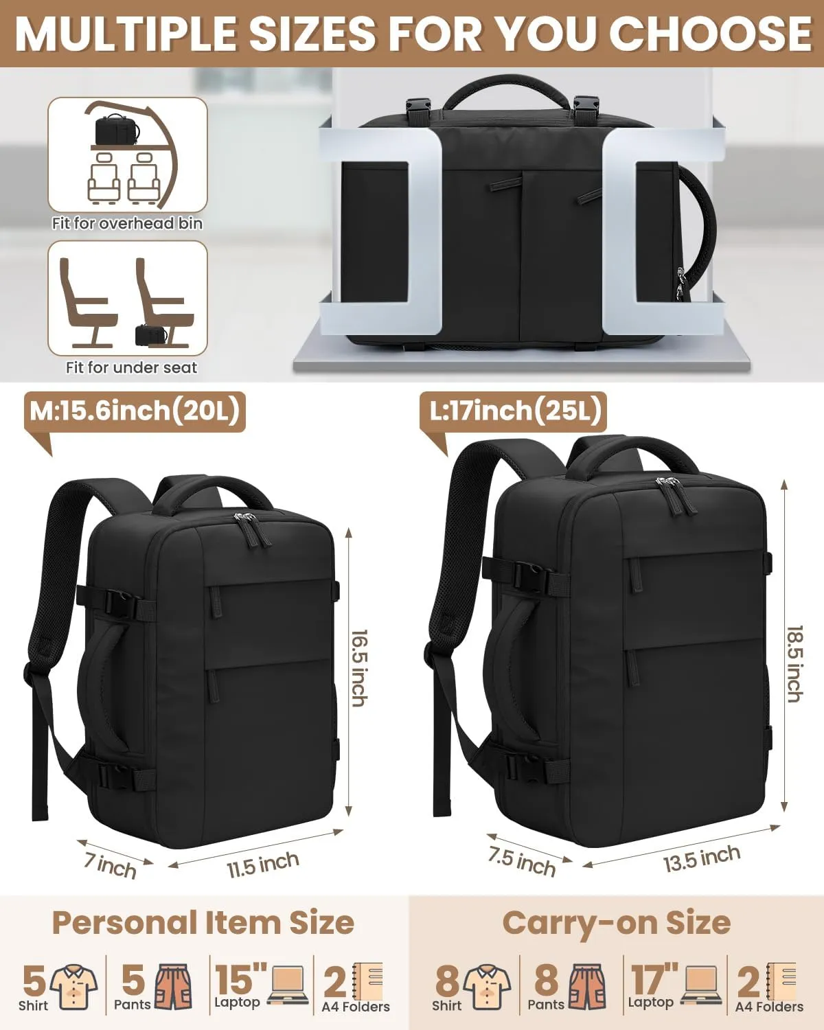 Travel Backpack for Women Man, Waterproof Personal Item Travel Bag Airline Approved Laptop Backpack Weekender bags Bookbag for Business,Travel, Work Fits 15.6 inch Laptop(Medium,Black)