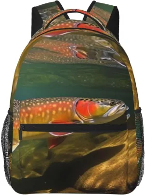 Travel Backpack for Women Men Brook Trout Fly Fishing Laptop Backpack Large College Bag Waterproof Casual Daypack