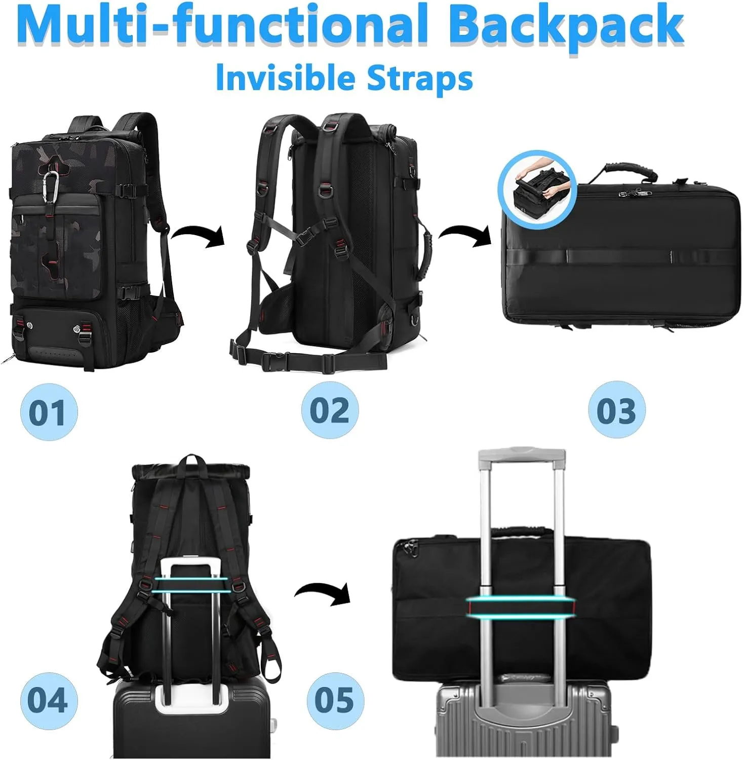 Travel Backpack Large Capacity Shoulder Bag for Outdoor Activities 60L Expandable Flight Backpack Men's Women's Hiking Waterproof Sturdy Oxford Cloth Backpacks Camo-Black