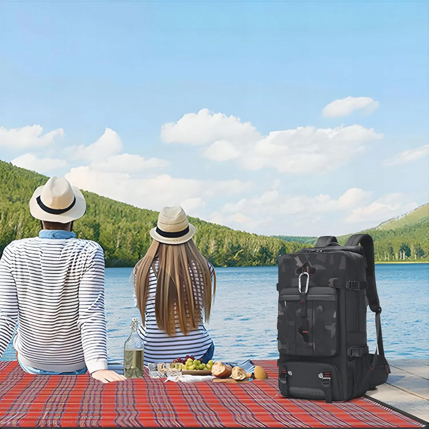 Travel Backpack Large Capacity Shoulder Bag for Outdoor Activities 60L Expandable Flight Backpack Men's Women's Hiking Waterproof Sturdy Oxford Cloth Backpacks Camo-Black