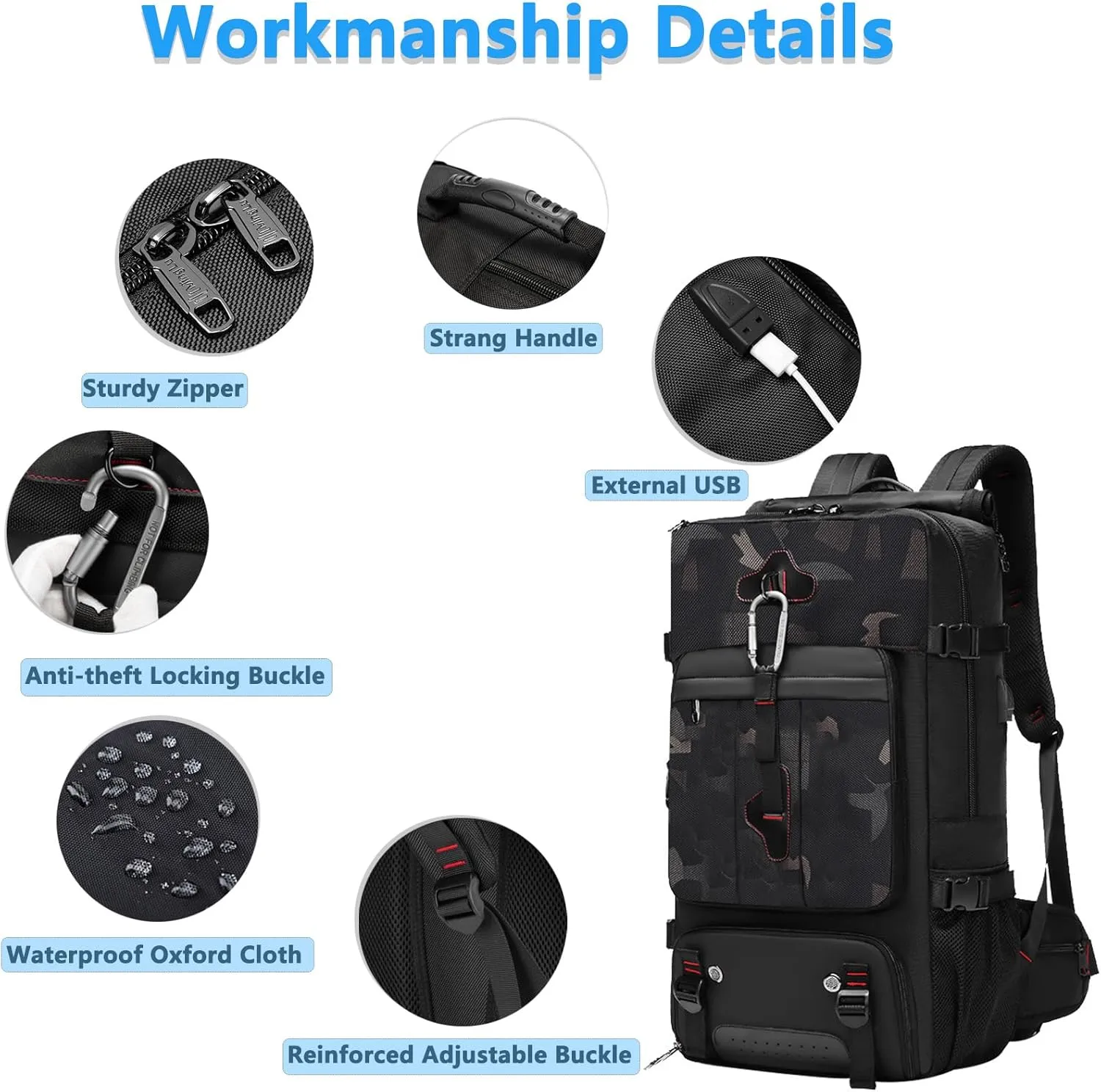 Travel Backpack Large Capacity Shoulder Bag for Outdoor Activities 60L Expandable Flight Backpack Men's Women's Hiking Waterproof Sturdy Oxford Cloth Backpacks Camo-Black