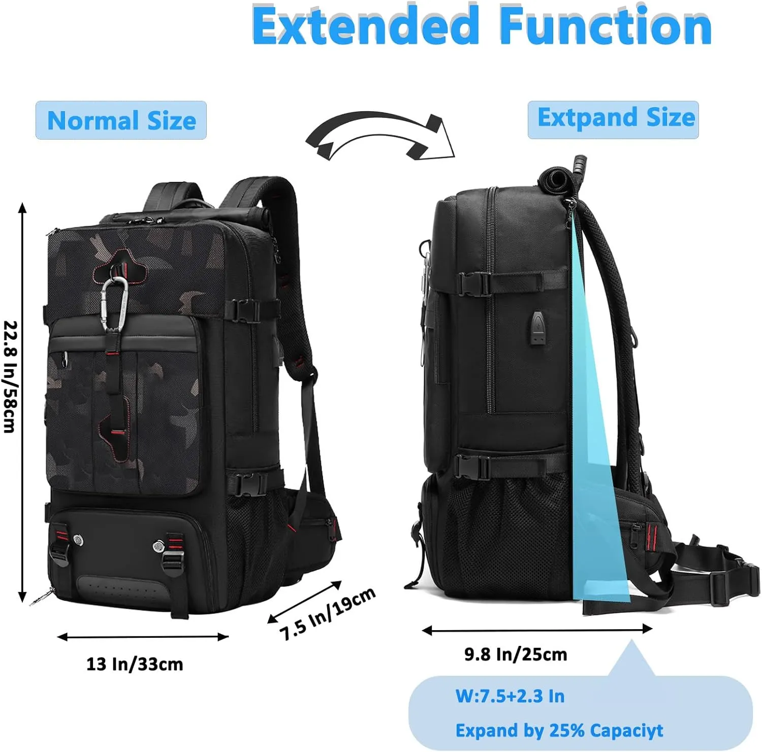 Travel Backpack Large Capacity Shoulder Bag for Outdoor Activities 60L Expandable Flight Backpack Men's Women's Hiking Waterproof Sturdy Oxford Cloth Backpacks Camo-Black