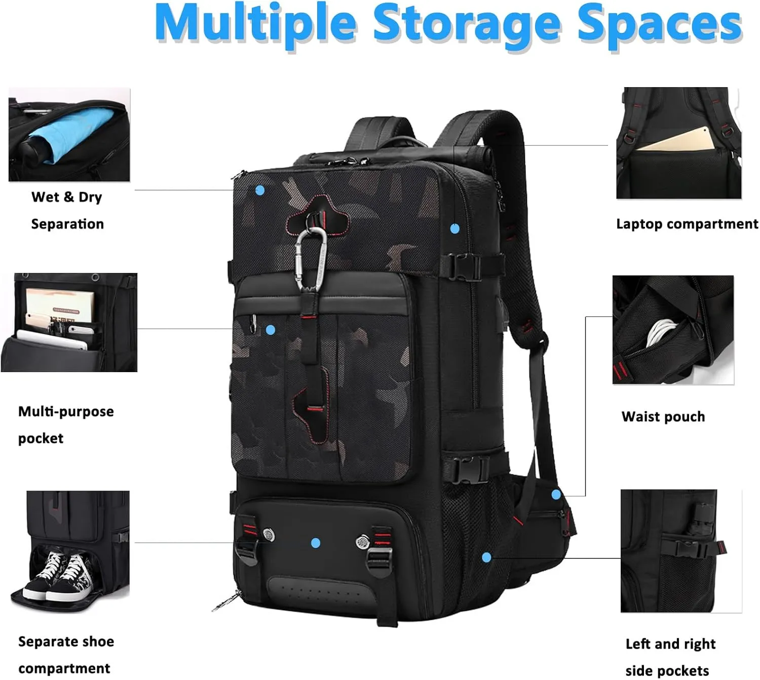 Travel Backpack Large Capacity Shoulder Bag for Outdoor Activities 60L Expandable Flight Backpack Men's Women's Hiking Waterproof Sturdy Oxford Cloth Backpacks Camo-Black