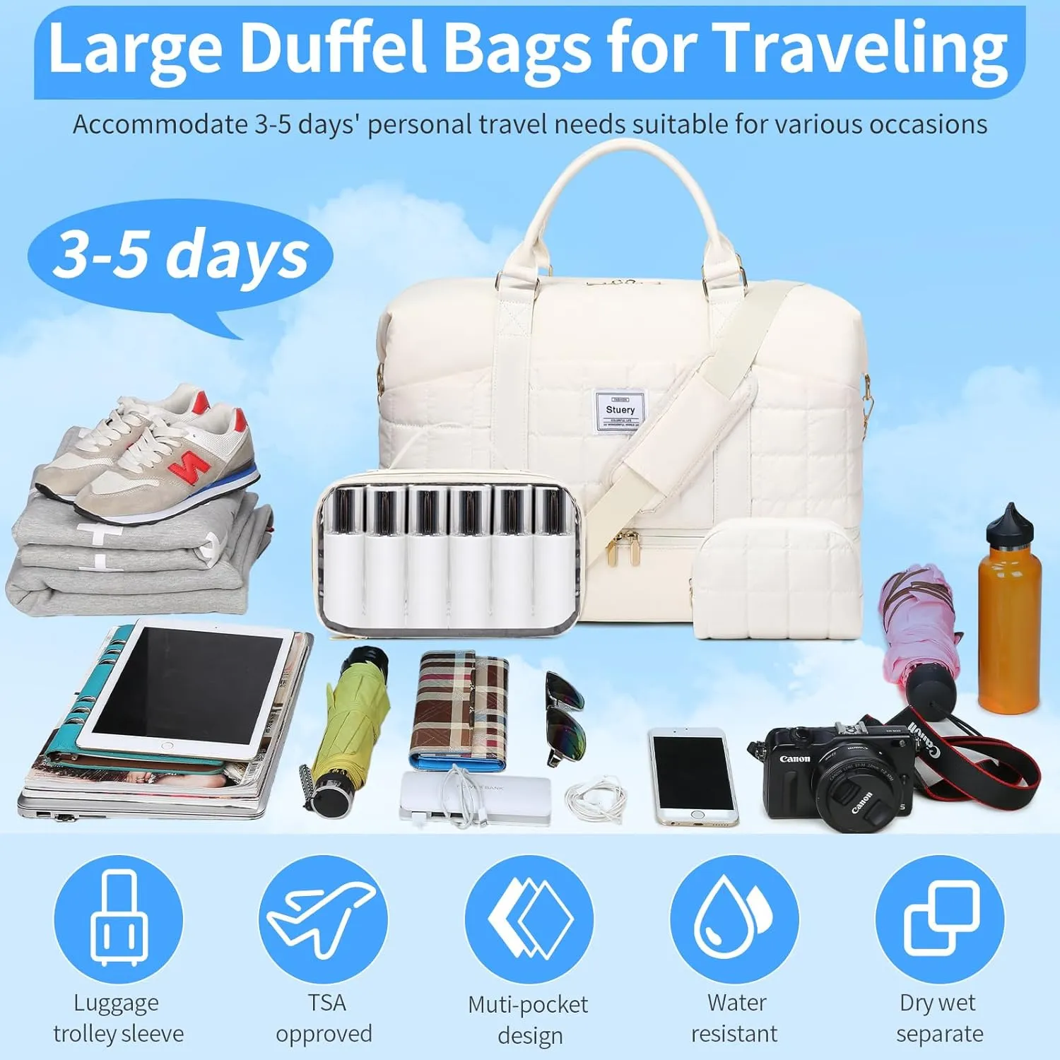 Travel Bag for Women: 21" Large Weekender Bags for Women with Shoe Compartment & Toiletry Bags, 3PCS Overnight Duffel Tote for Carry on Weekend Travel Business Trip Airplane Traveling, Gym