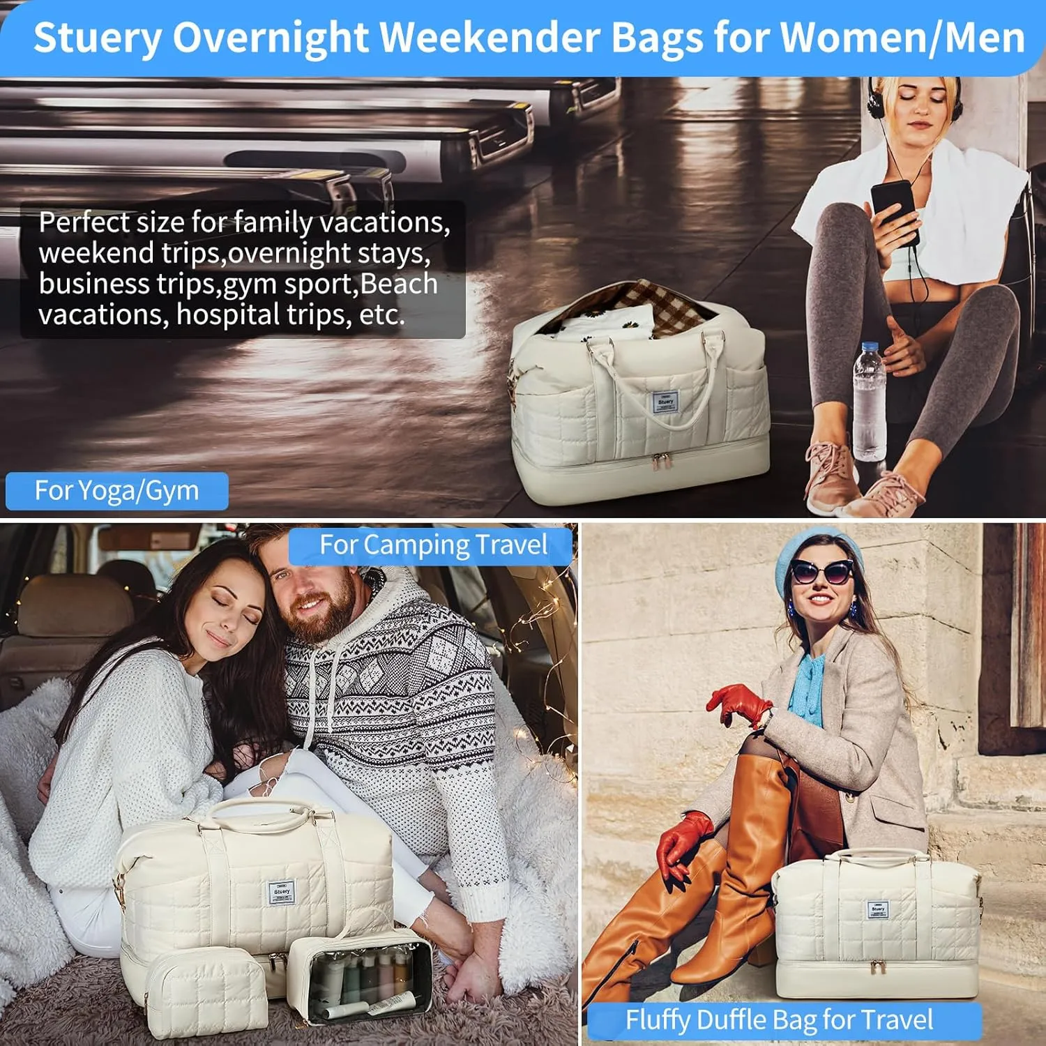 Travel Bag for Women: 21" Large Weekender Bags for Women with Shoe Compartment & Toiletry Bags, 3PCS Overnight Duffel Tote for Carry on Weekend Travel Business Trip Airplane Traveling, Gym