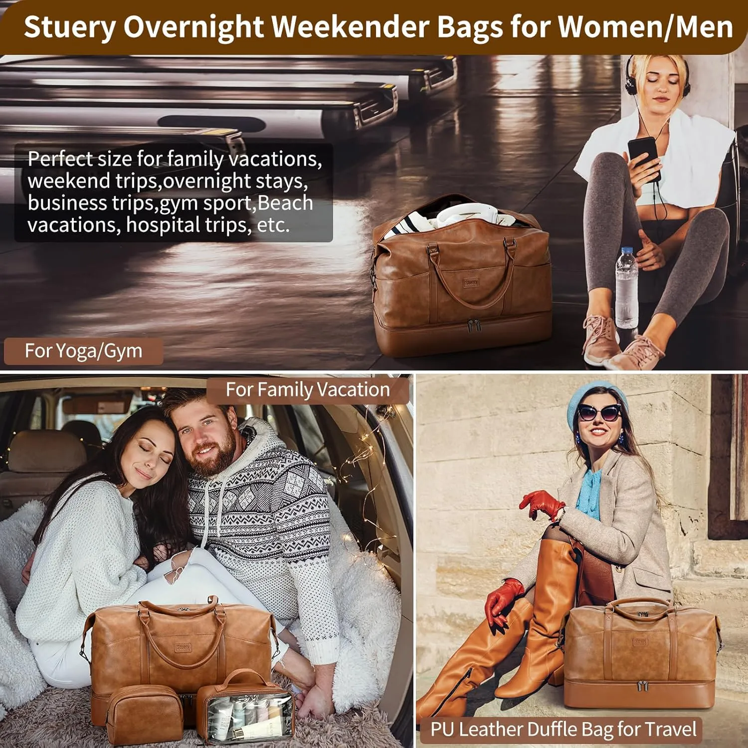 Travel Bag for Women: 21" Large Weekender Bags for Women with Shoe Compartment & Toiletry Bags, 3PCS Overnight Duffel Tote for Carry on Weekend Travel Business Trip Airplane Traveling, Gym