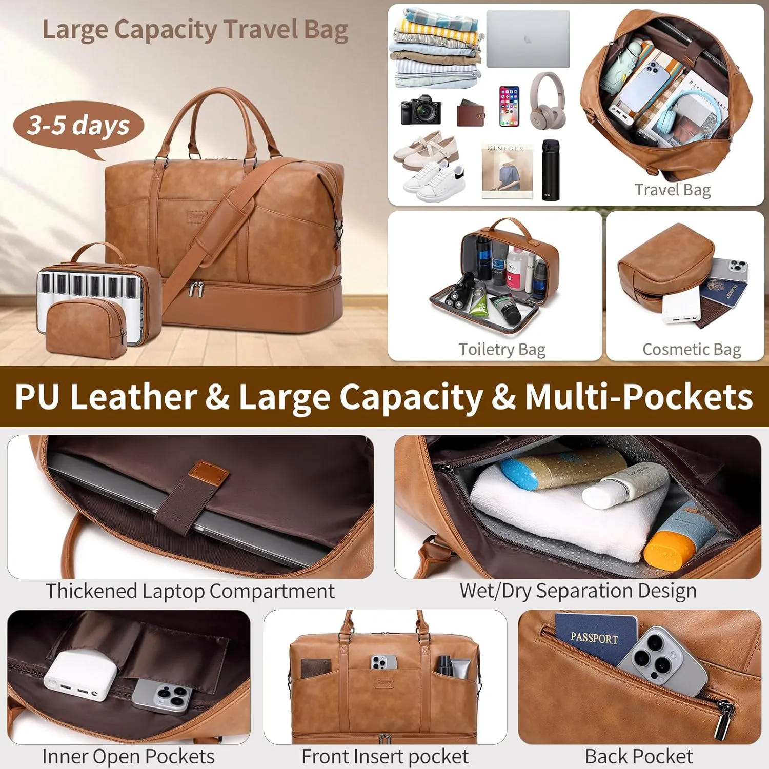 Travel Bag for Women: 21" Large Weekender Bags for Women with Shoe Compartment & Toiletry Bags, 3PCS Overnight Duffel Tote for Carry on Weekend Travel Business Trip Airplane Traveling, Gym