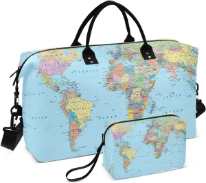 Travel Bag Set Colored World Map Quilted Gym Duffel Bag Overnight Weekender Bags