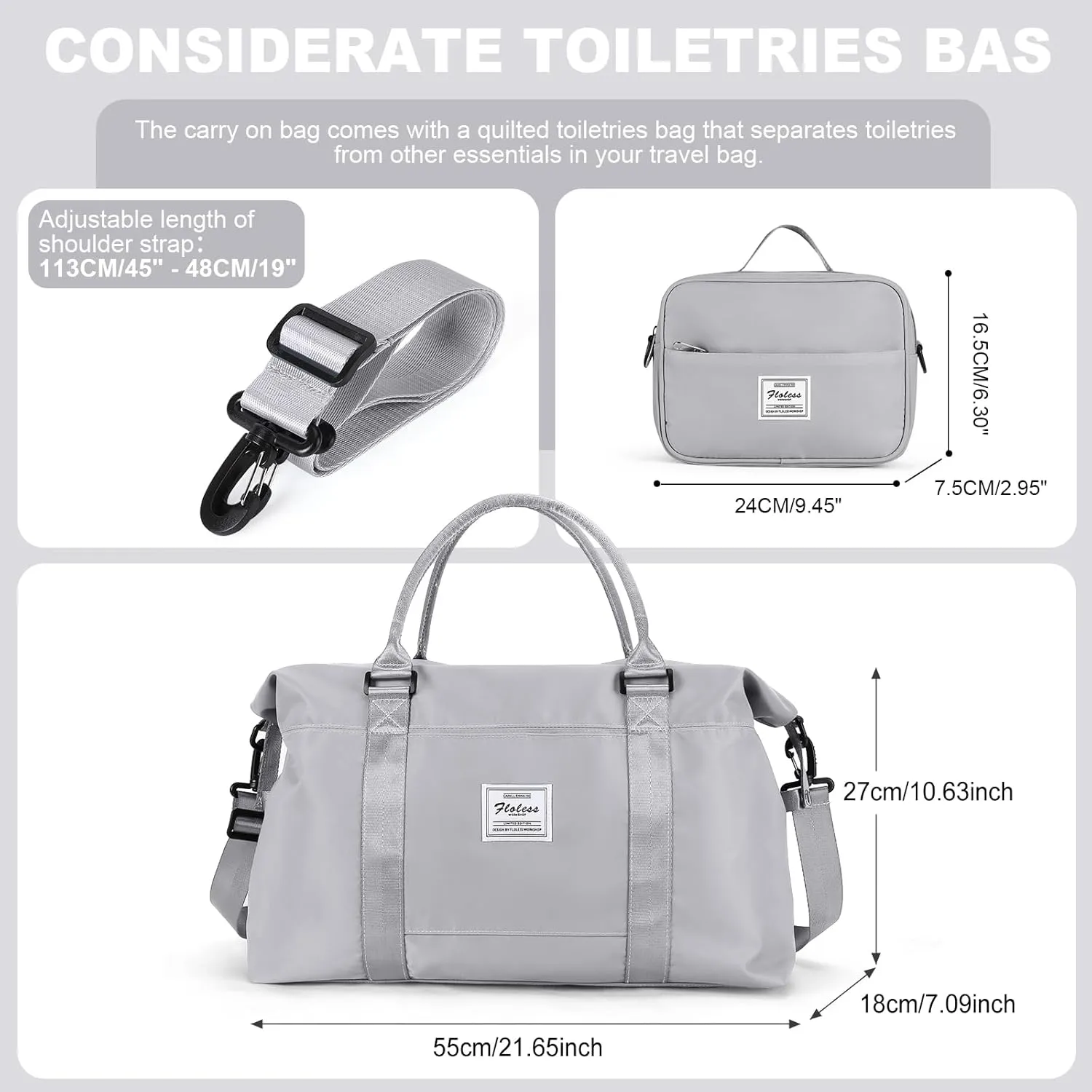 Travel Bags for Women, Weekender Overnight Bag with Toiletry Bag, Carry On Travel Tote Bag Duffel Bag,Gym Bag with Wet Pocket & Trolley Sleeve,Grey