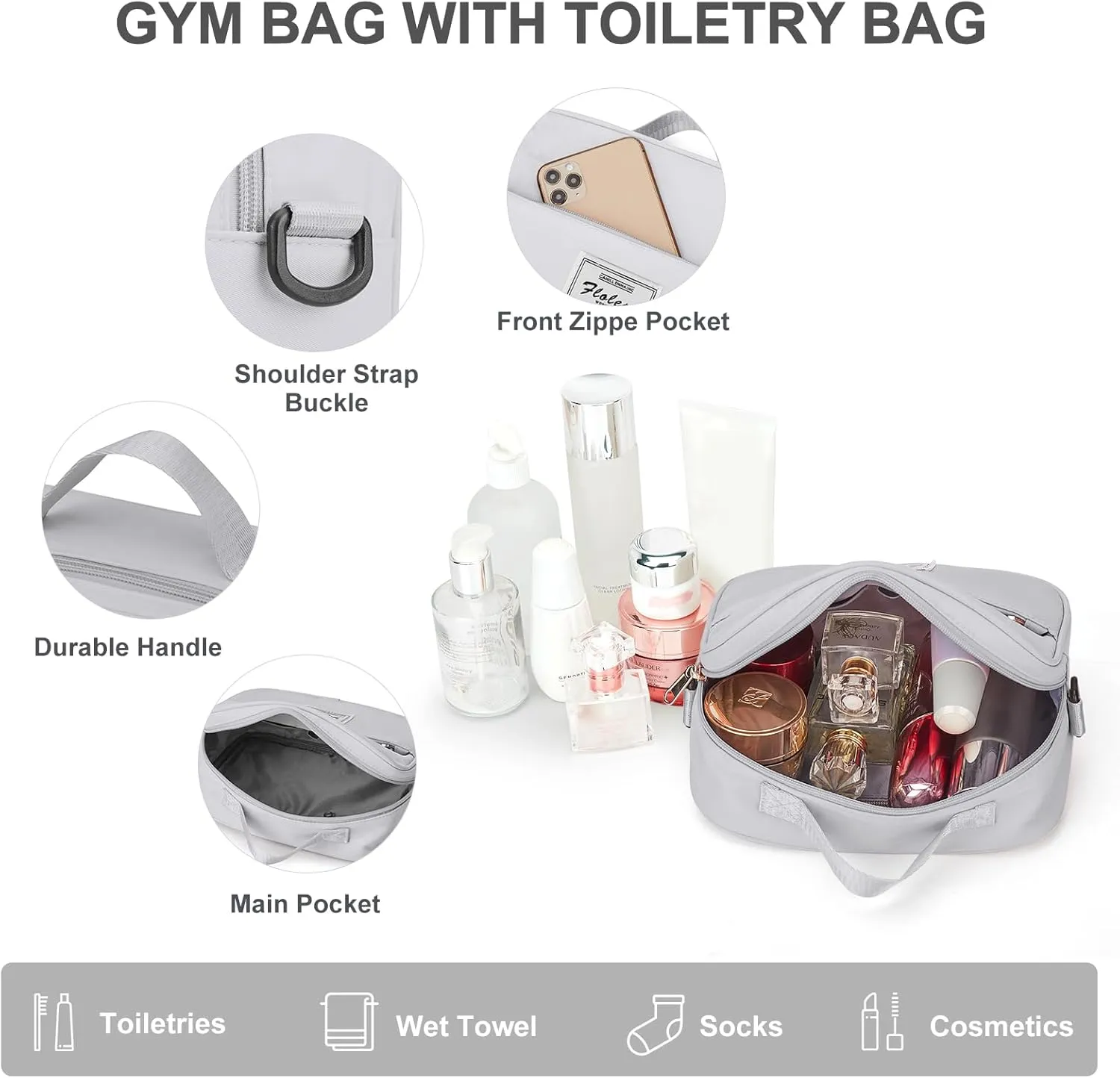 Travel Bags for Women, Weekender Overnight Bag with Toiletry Bag, Carry On Travel Tote Bag Duffel Bag,Gym Bag with Wet Pocket & Trolley Sleeve,Grey
