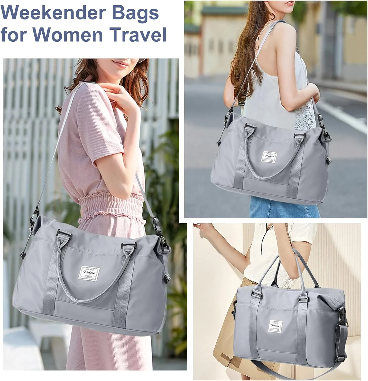 Travel Bags for Women, Weekender Overnight Bag with Toiletry Bag, Carry On Travel Tote Bag Duffel Bag,Gym Bag with Wet Pocket & Trolley Sleeve,Grey