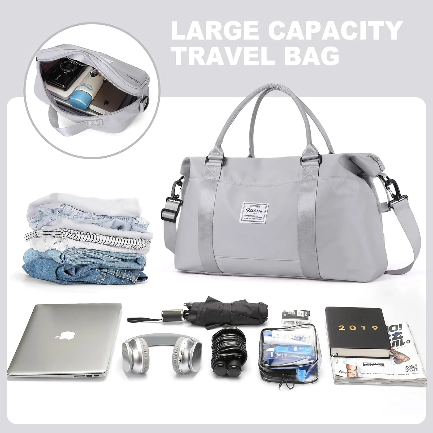 Travel Bags for Women, Weekender Overnight Bag with Toiletry Bag, Carry On Travel Tote Bag Duffel Bag,Gym Bag with Wet Pocket & Trolley Sleeve,Grey