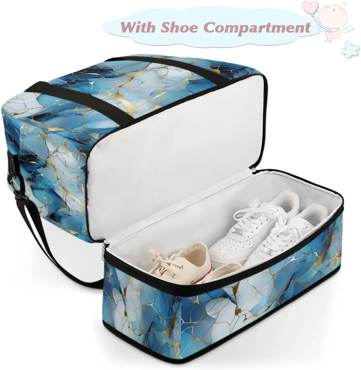 Travel Duffel Bag Blue Golden Marble Weekender Bag with Shoe Compartment Foldable Overnight Bags for Travel Sports Lightweight Gym Bags for Men Women