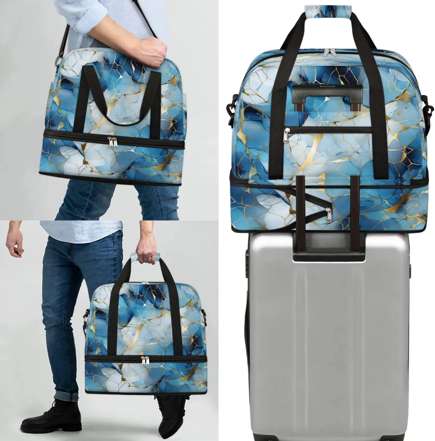 Travel Duffel Bag Blue Golden Marble Weekender Bag with Shoe Compartment Foldable Overnight Bags for Travel Sports Lightweight Gym Bags for Men Women
