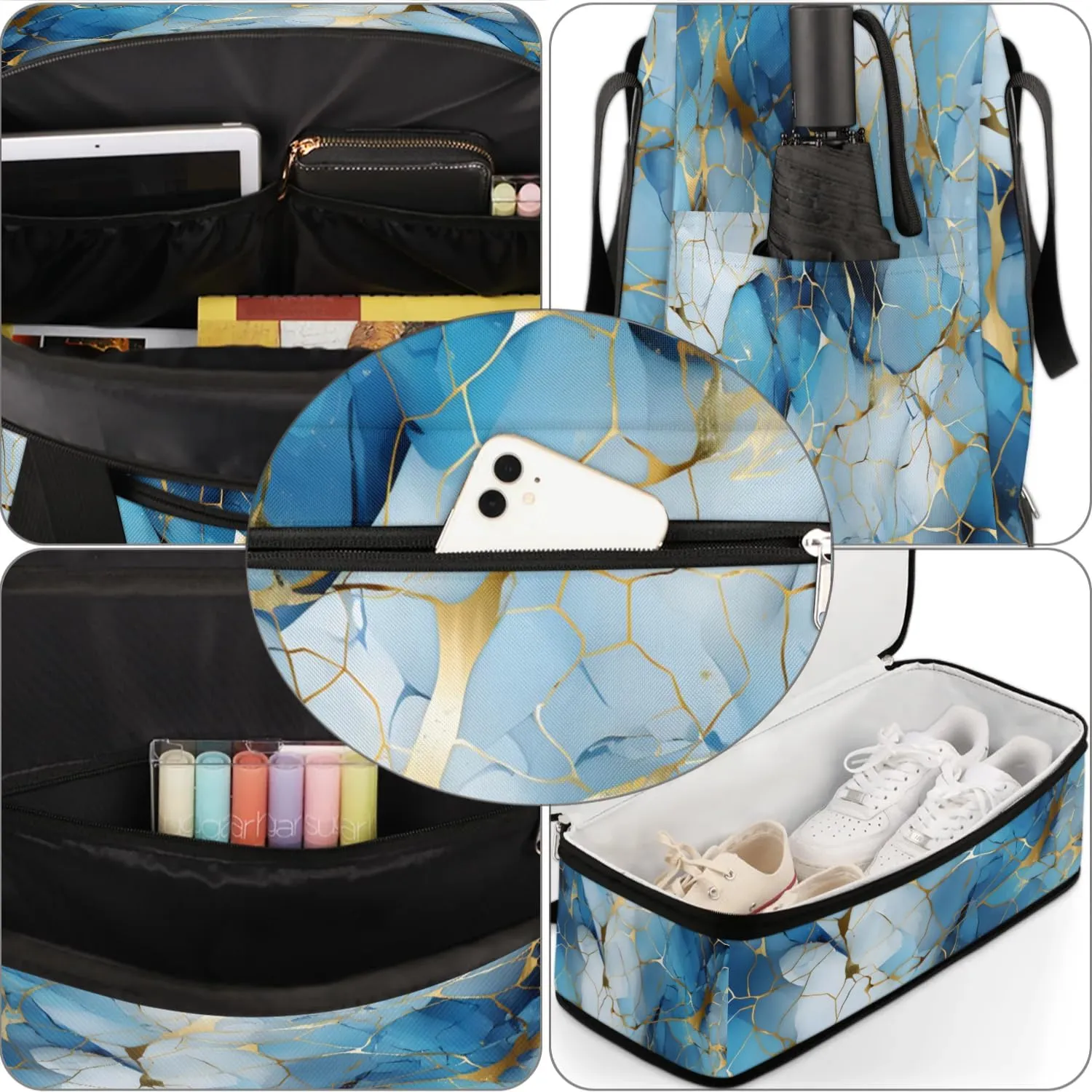 Travel Duffel Bag Blue Golden Marble Weekender Bag with Shoe Compartment Foldable Overnight Bags for Travel Sports Lightweight Gym Bags for Men Women
