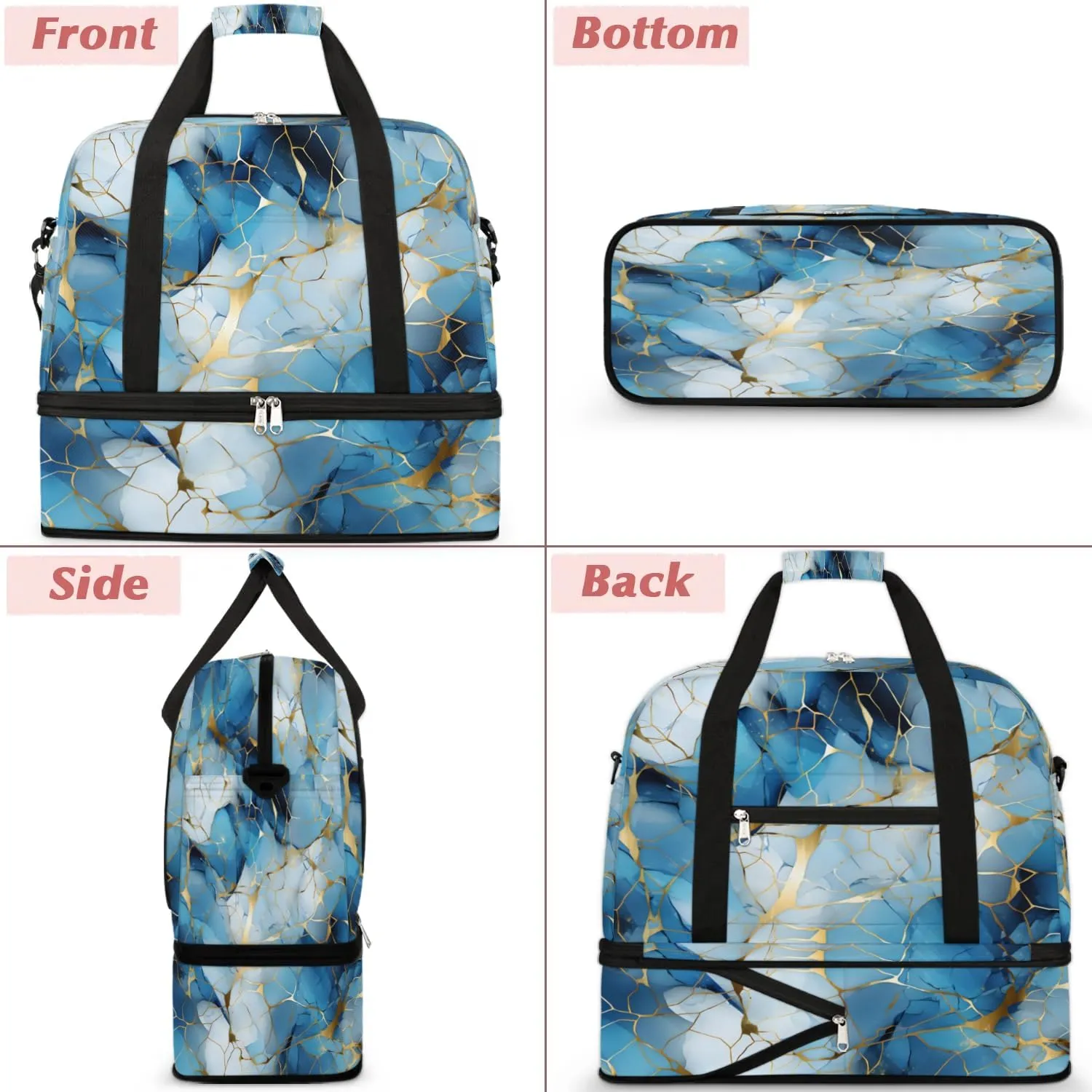 Travel Duffel Bag Blue Golden Marble Weekender Bag with Shoe Compartment Foldable Overnight Bags for Travel Sports Lightweight Gym Bags for Men Women