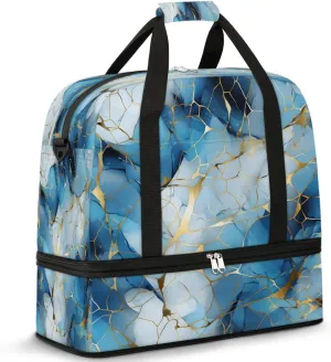 Travel Duffel Bag Blue Golden Marble Weekender Bag with Shoe Compartment Foldable Overnight Bags for Travel Sports Lightweight Gym Bags for Men Women