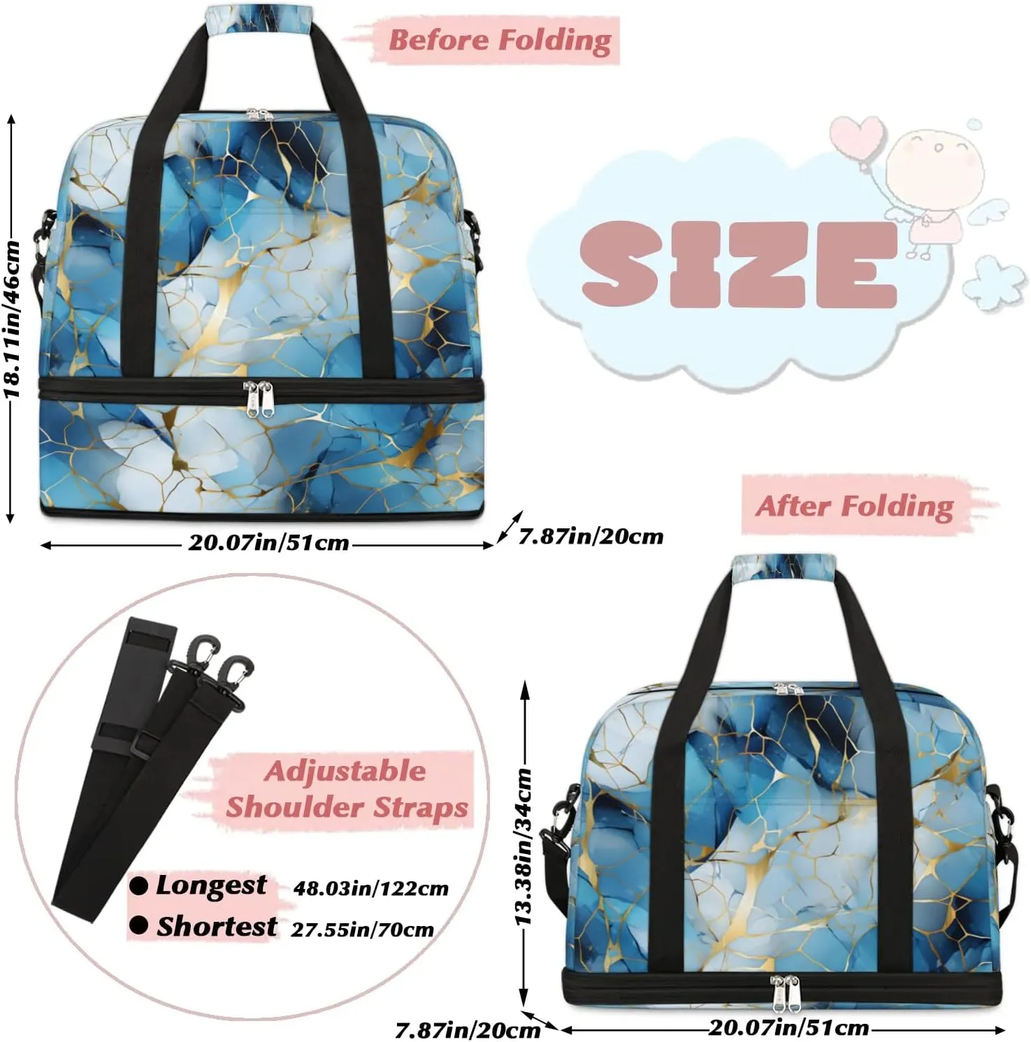 Travel Duffel Bag Blue Golden Marble Weekender Bag with Shoe Compartment Foldable Overnight Bags for Travel Sports Lightweight Gym Bags for Men Women