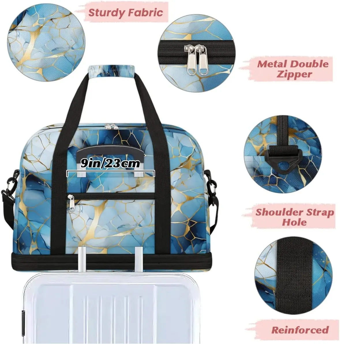 Travel Duffel Bag Blue Golden Marble Weekender Bag with Shoe Compartment Foldable Overnight Bags for Travel Sports Lightweight Gym Bags for Men Women