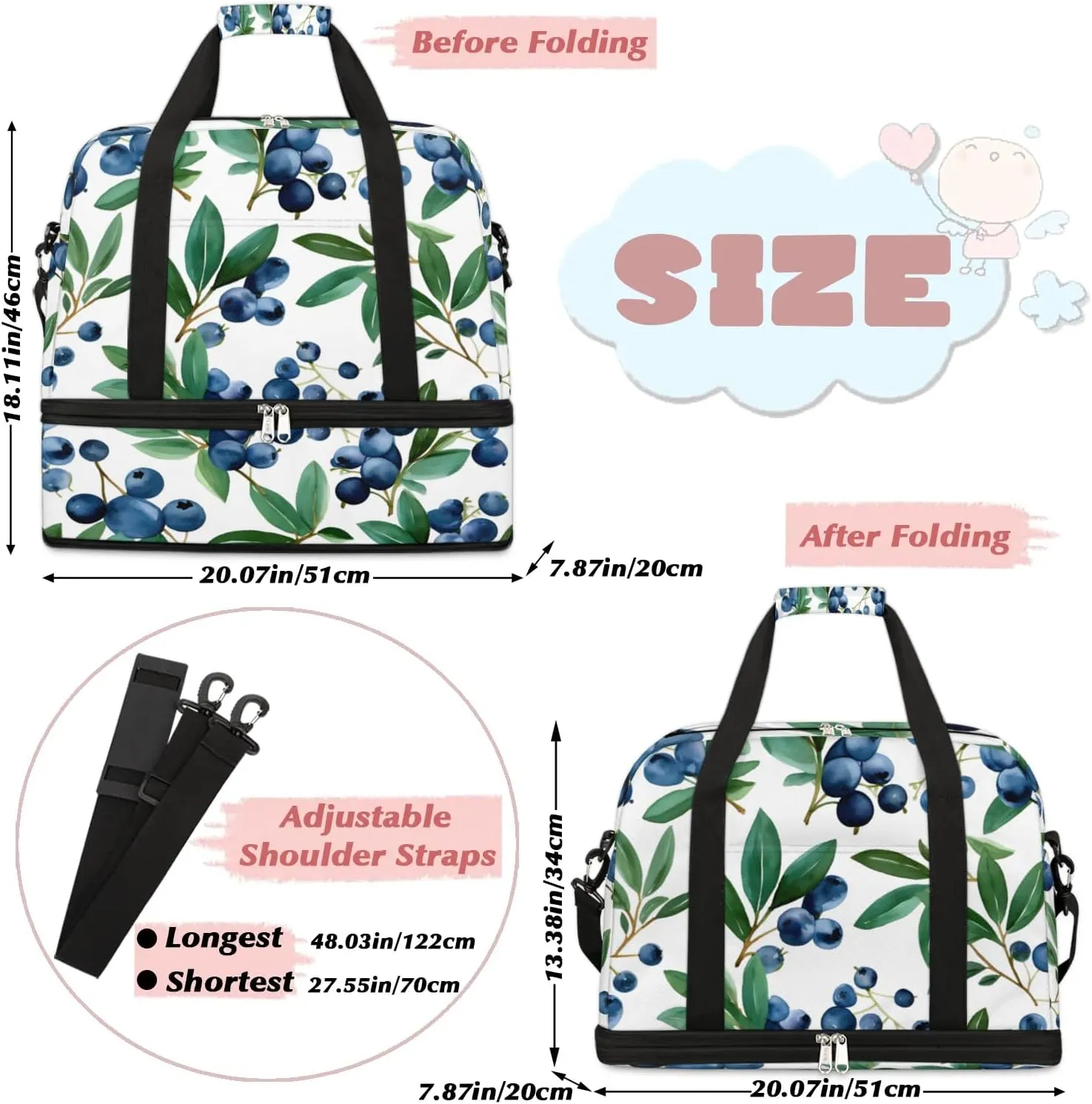 Travel Duffel Bag Blueberries Fruits Weekender Bag with Shoe Compartment Foldable Overnight Bags for Travel Sports Lightweight Gym Bags for Men Women