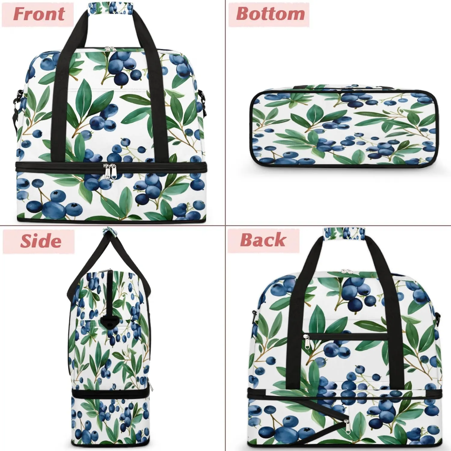 Travel Duffel Bag Blueberries Fruits Weekender Bag with Shoe Compartment Foldable Overnight Bags for Travel Sports Lightweight Gym Bags for Men Women