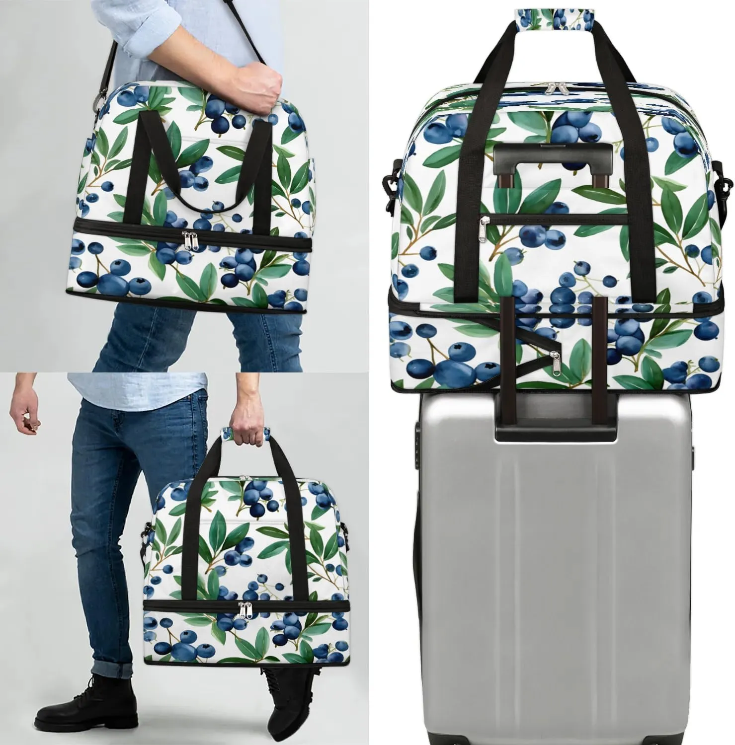 Travel Duffel Bag Blueberries Fruits Weekender Bag with Shoe Compartment Foldable Overnight Bags for Travel Sports Lightweight Gym Bags for Men Women