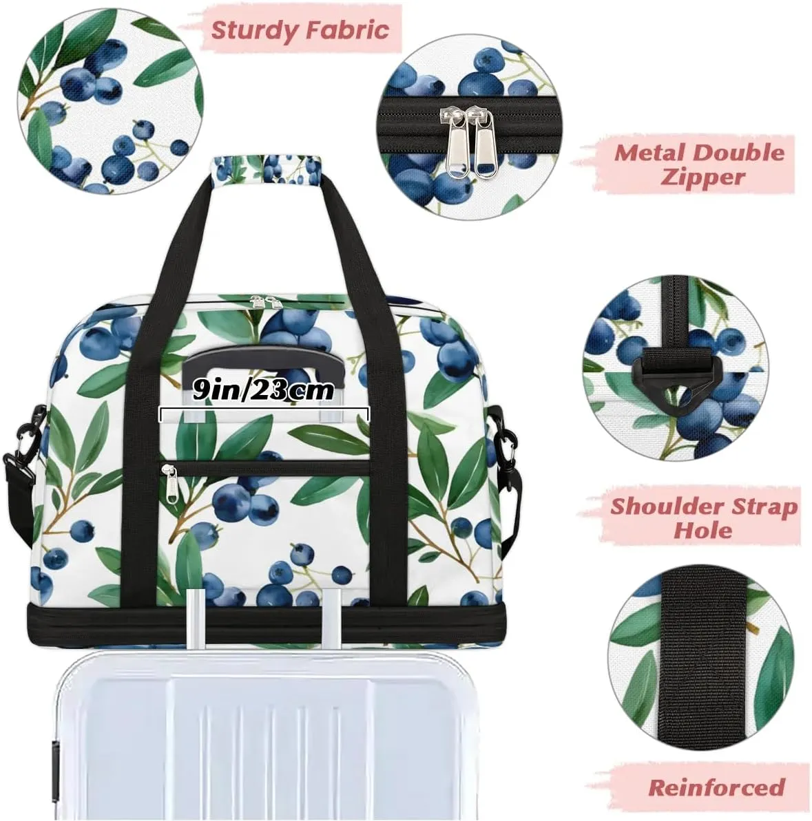 Travel Duffel Bag Blueberries Fruits Weekender Bag with Shoe Compartment Foldable Overnight Bags for Travel Sports Lightweight Gym Bags for Men Women
