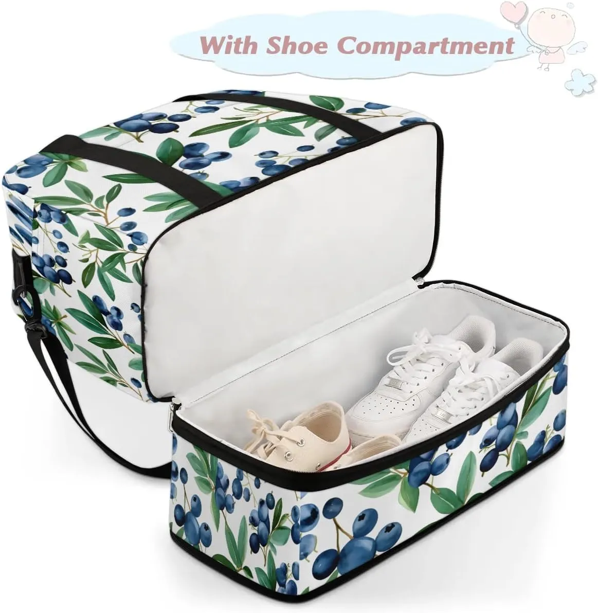 Travel Duffel Bag Blueberries Fruits Weekender Bag with Shoe Compartment Foldable Overnight Bags for Travel Sports Lightweight Gym Bags for Men Women