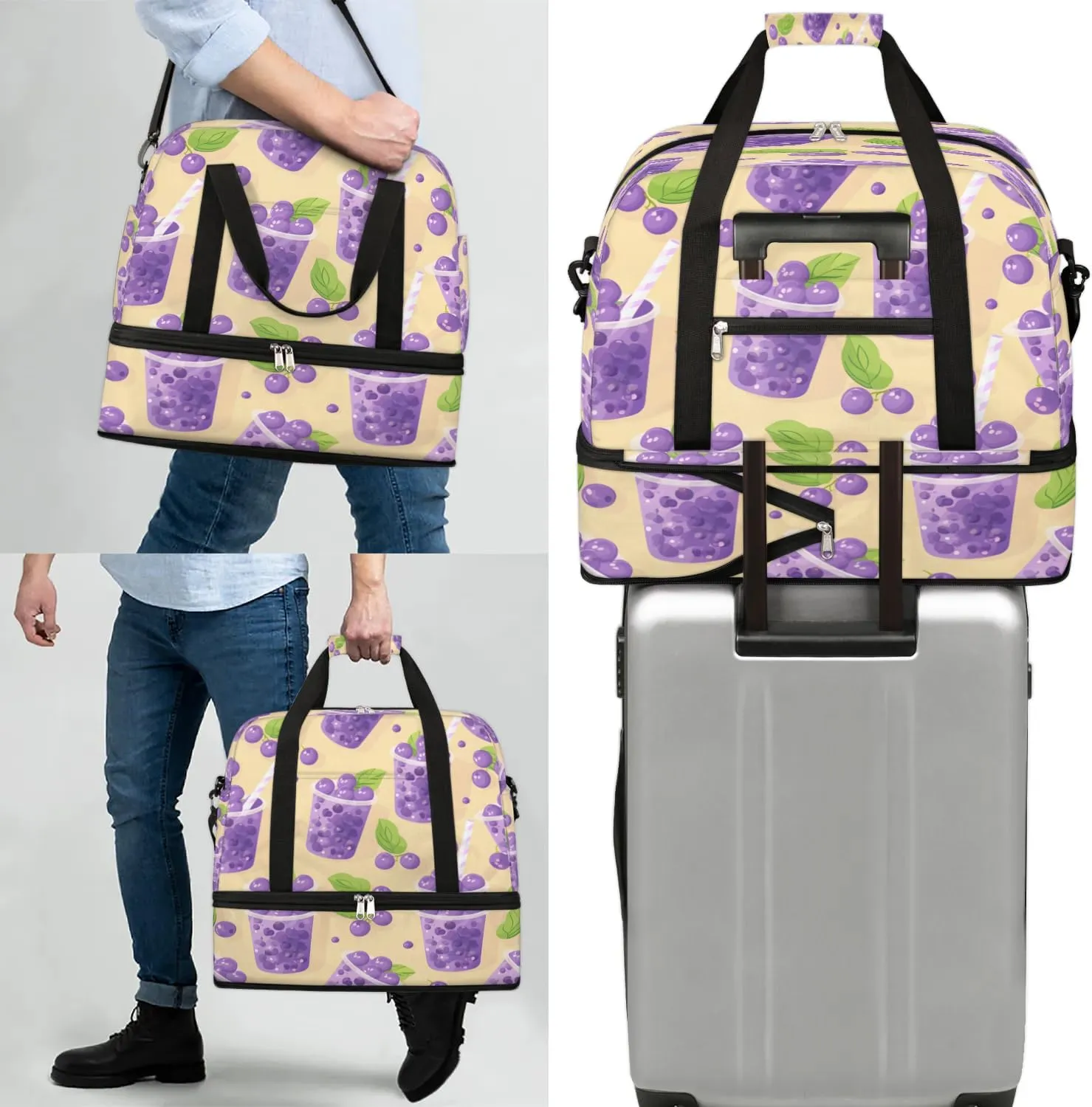 Travel Duffel Bag Blueberry Juice Print Weekender Bag with Shoe Compartment Foldable Overnight Bags for Travel Sports Lightweight Gym Bags for Men Women