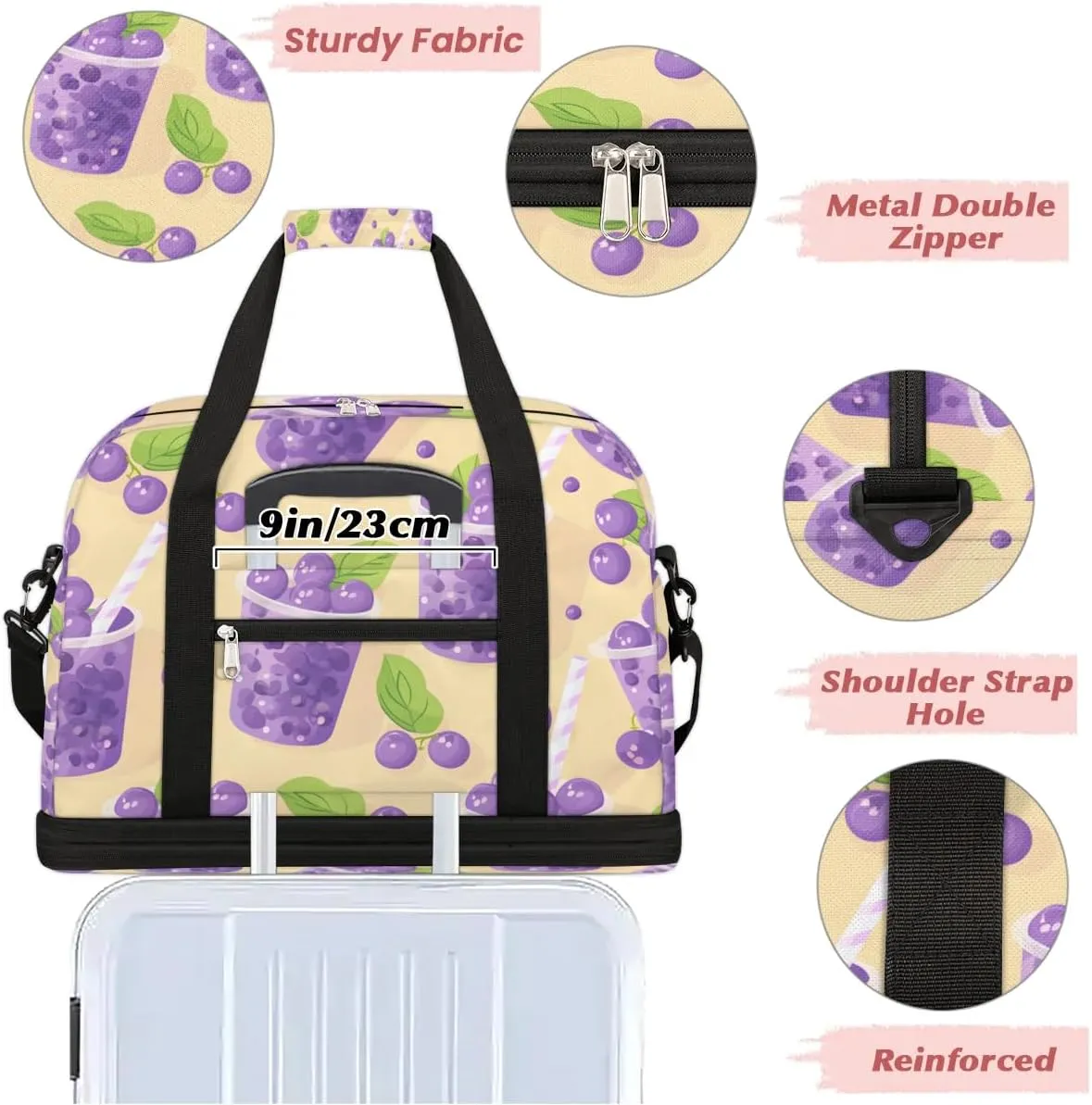 Travel Duffel Bag Blueberry Juice Print Weekender Bag with Shoe Compartment Foldable Overnight Bags for Travel Sports Lightweight Gym Bags for Men Women