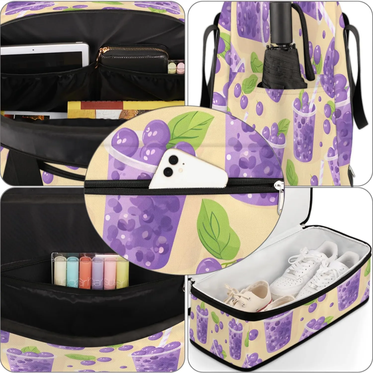 Travel Duffel Bag Blueberry Juice Print Weekender Bag with Shoe Compartment Foldable Overnight Bags for Travel Sports Lightweight Gym Bags for Men Women
