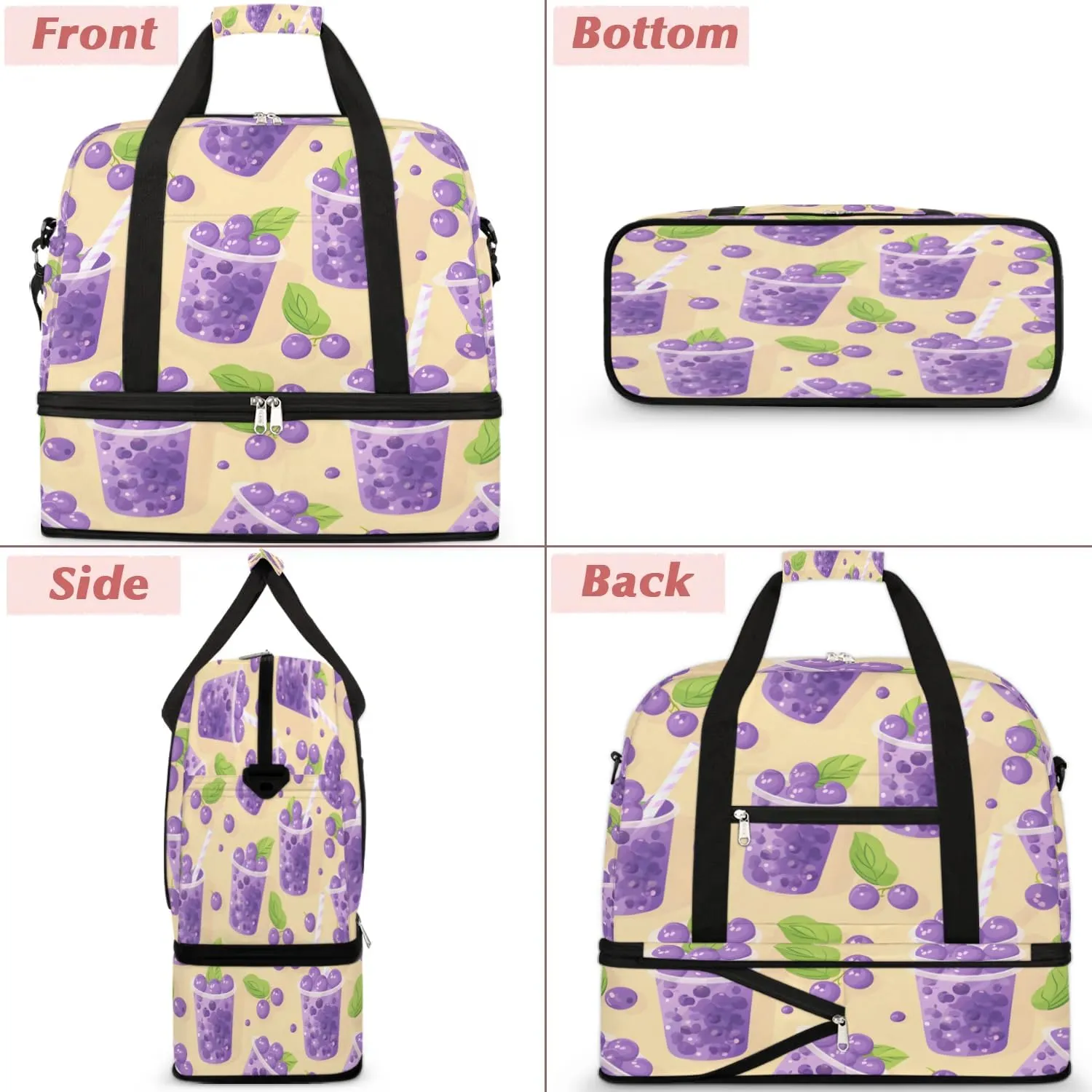 Travel Duffel Bag Blueberry Juice Print Weekender Bag with Shoe Compartment Foldable Overnight Bags for Travel Sports Lightweight Gym Bags for Men Women