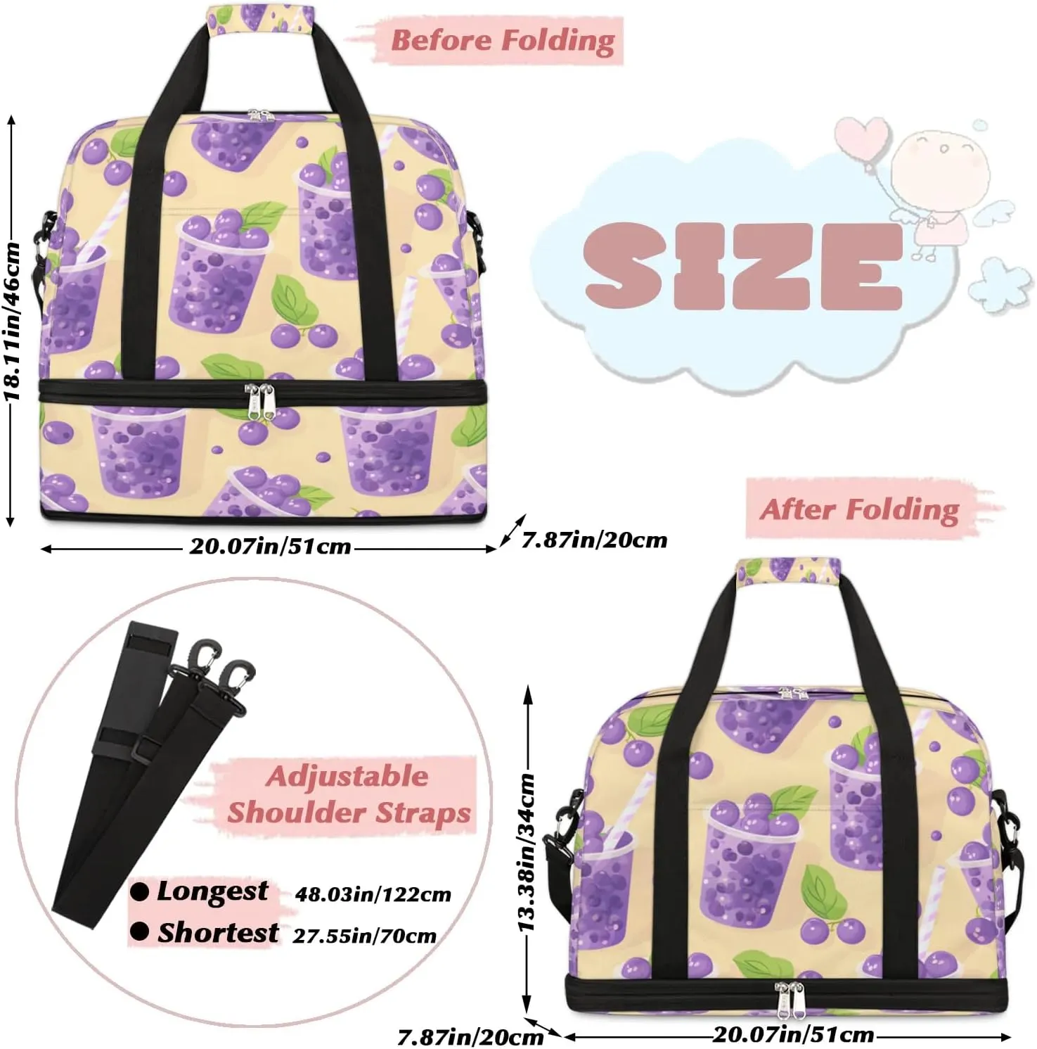 Travel Duffel Bag Blueberry Juice Print Weekender Bag with Shoe Compartment Foldable Overnight Bags for Travel Sports Lightweight Gym Bags for Men Women