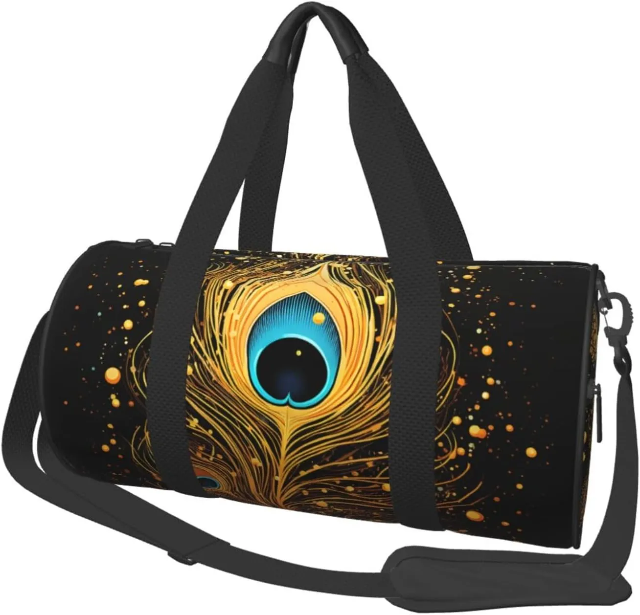 Travel Duffel Bag Foldable Weekender Overnight Bag Peacock Feather Gold Design Sports Tote Gym Bag Large Capacity Lightweight Carry On Luggage Bag for Men Women