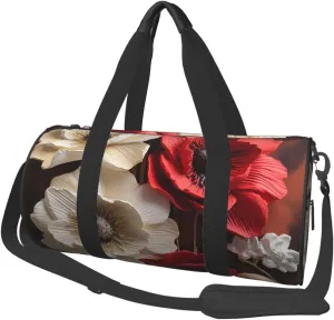 Travel Duffel Bag Foldable Weekender Overnight Bag Red and White Flowers Sports Tote Gym Bags Large Capacity Lightweight Carry On Luggage Bags for Men Women