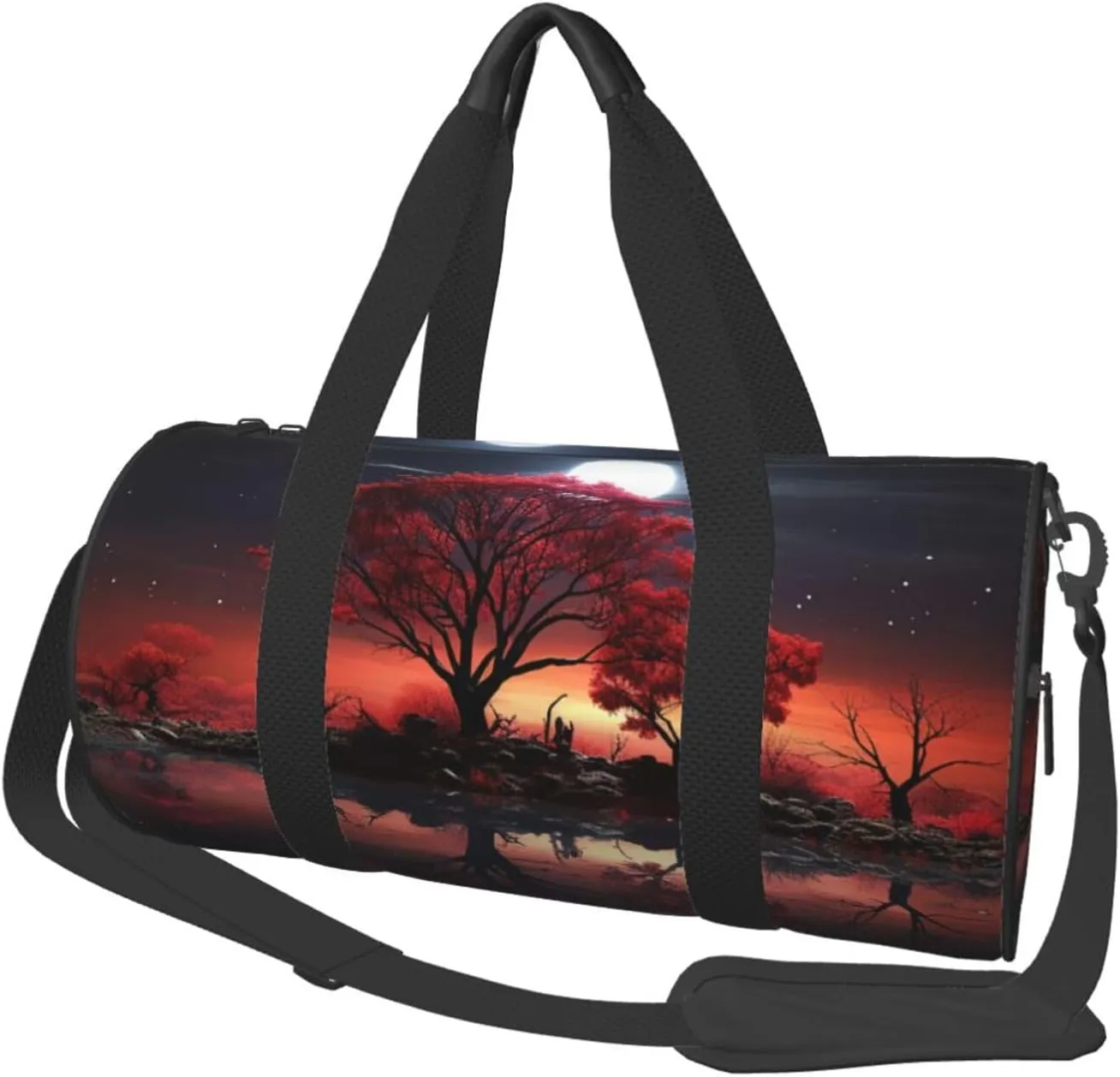 Travel Duffel Bag Foldable Weekender Overnight Bag Red Tree Lake Moon Sports Tote Gym Bags Large Capacity Lightweight Carry On Luggage Bags for Men Women