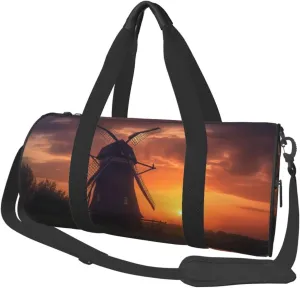 Travel Duffel Bag Foldable Weekender Overnight Bag Sunset Windmill Sports Tote Gym Bag Large Capacity Lightweight Carry On Luggage Bag for Men Women