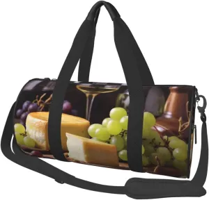 Travel Duffel Bag Foldable Weekender Overnight Bags White Wine Cheese Cake Grapes Sports Tote Gym Bag Large Capacity Lightweight Carry On Luggage Bags for Men Women