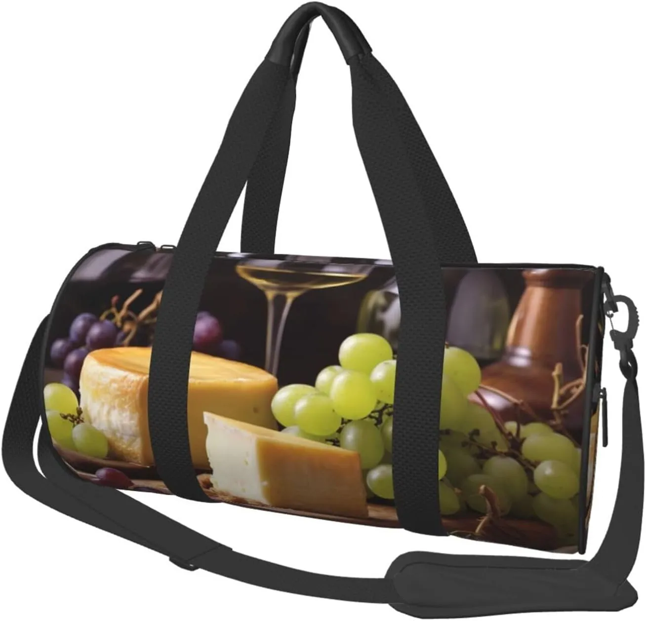 Travel Duffel Bag Foldable Weekender Overnight Bags White Wine Cheese Cake Grapes Sports Tote Gym Bag Large Capacity Lightweight Carry On Luggage Bags for Men Women