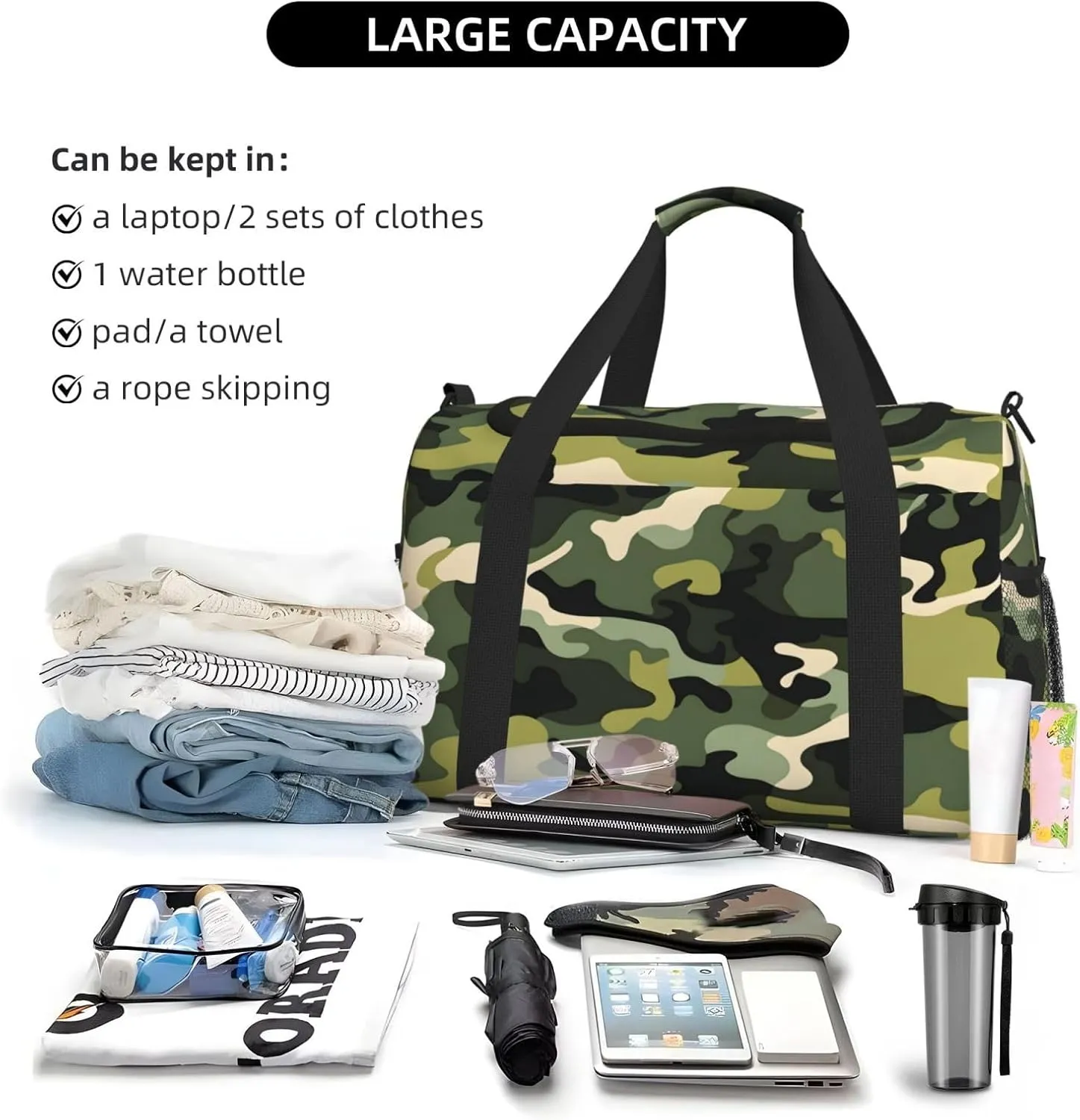 Travel Duffel Bag For Men Women, Camo Pattern Carry On Sport Gym Bag With Shoulder Strap Lightweight Waterproof Weekender Bag Overnight Bag