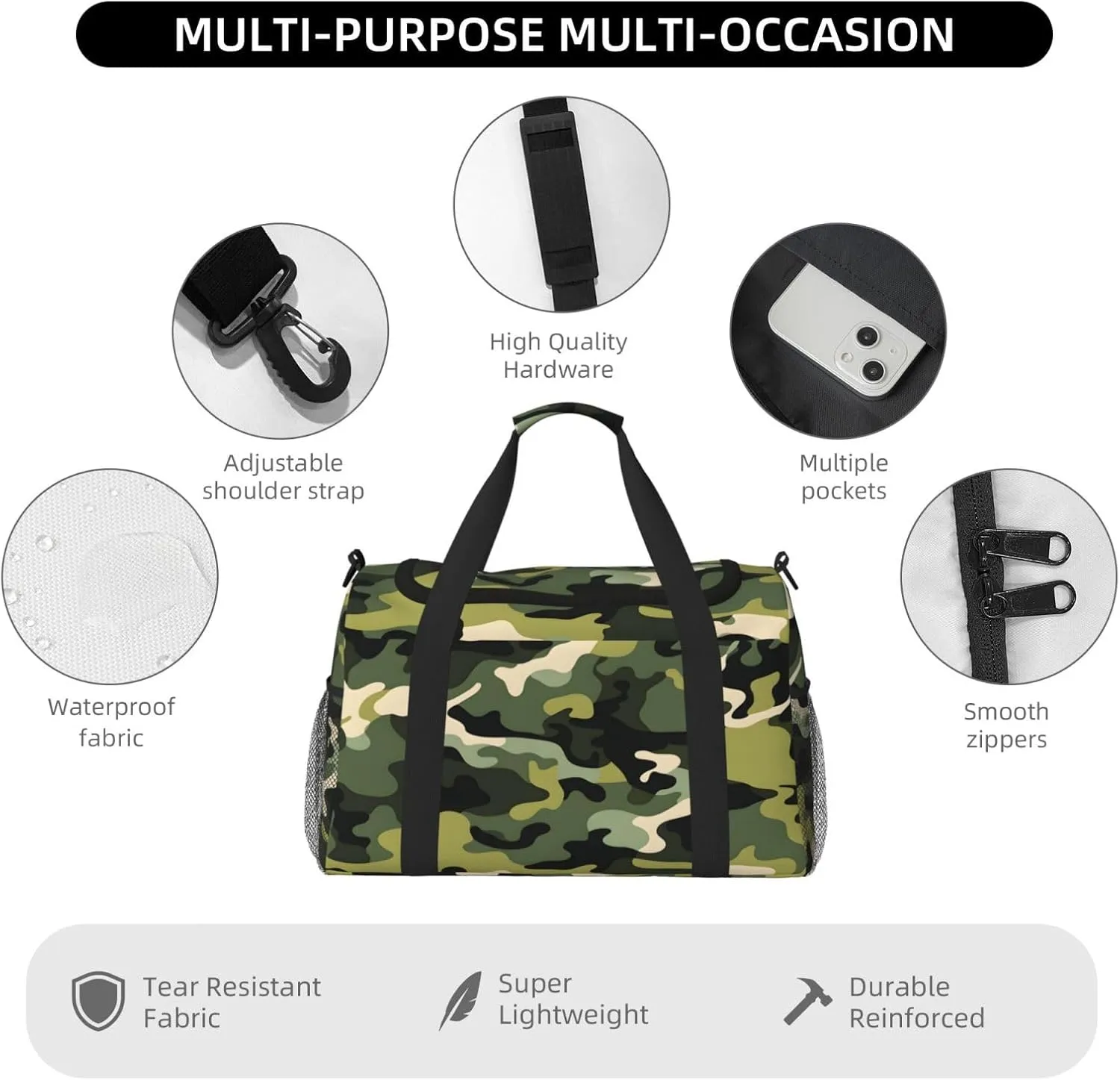 Travel Duffel Bag For Men Women, Camo Pattern Carry On Sport Gym Bag With Shoulder Strap Lightweight Waterproof Weekender Bag Overnight Bag