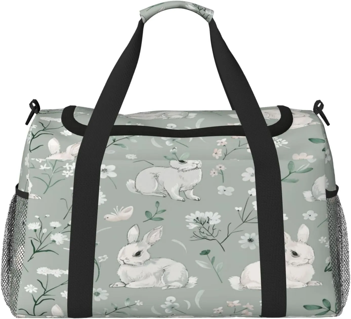 Travel Duffel Bag For Men Women, Wild Flowers Animal Rabbit Carry On Sport Gym Bag With Shoulder Strap Lightweight Waterproof Weekender Bag Overnight Bag