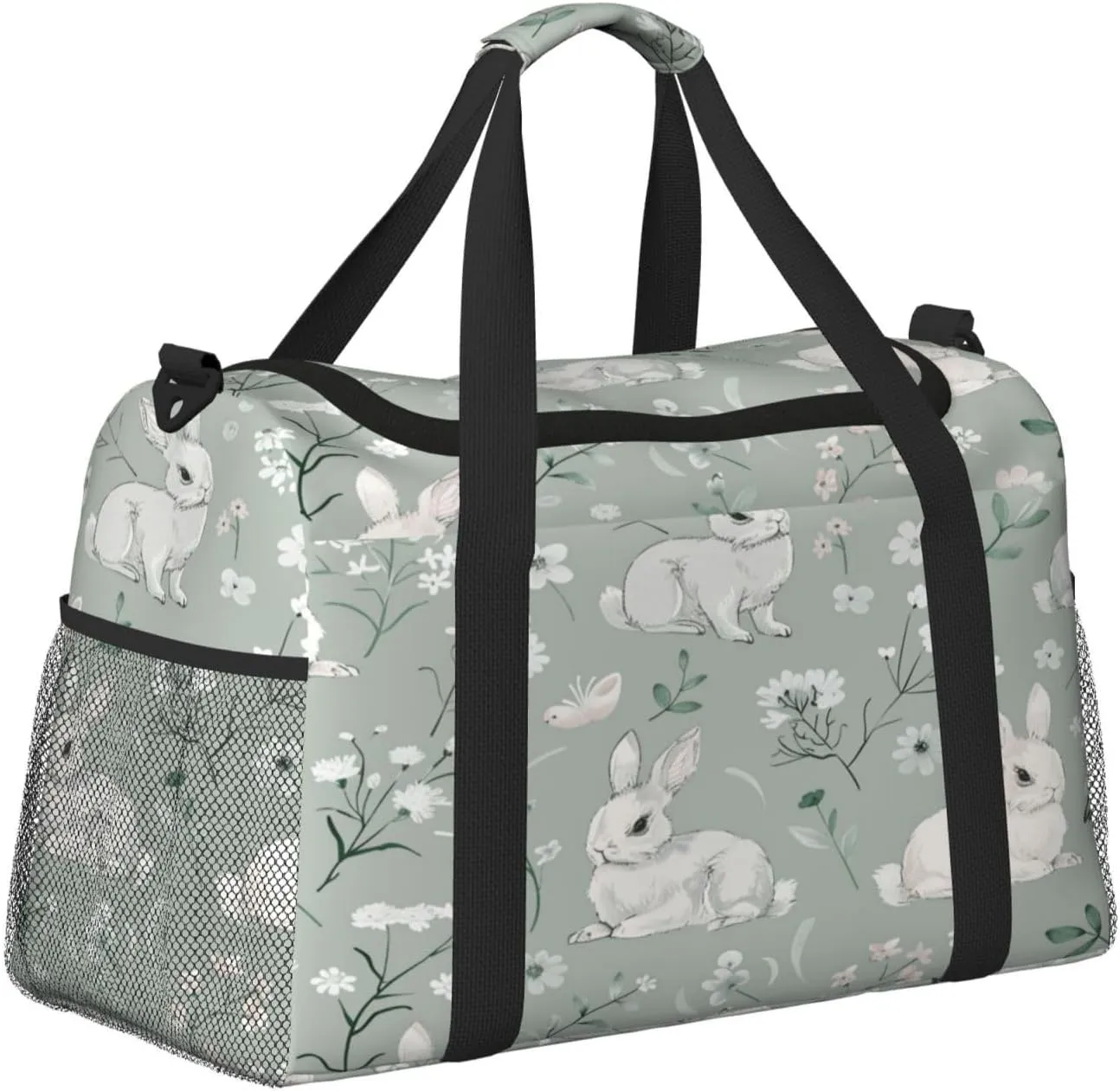 Travel Duffel Bag For Men Women, Wild Flowers Animal Rabbit Carry On Sport Gym Bag With Shoulder Strap Lightweight Waterproof Weekender Bag Overnight Bag