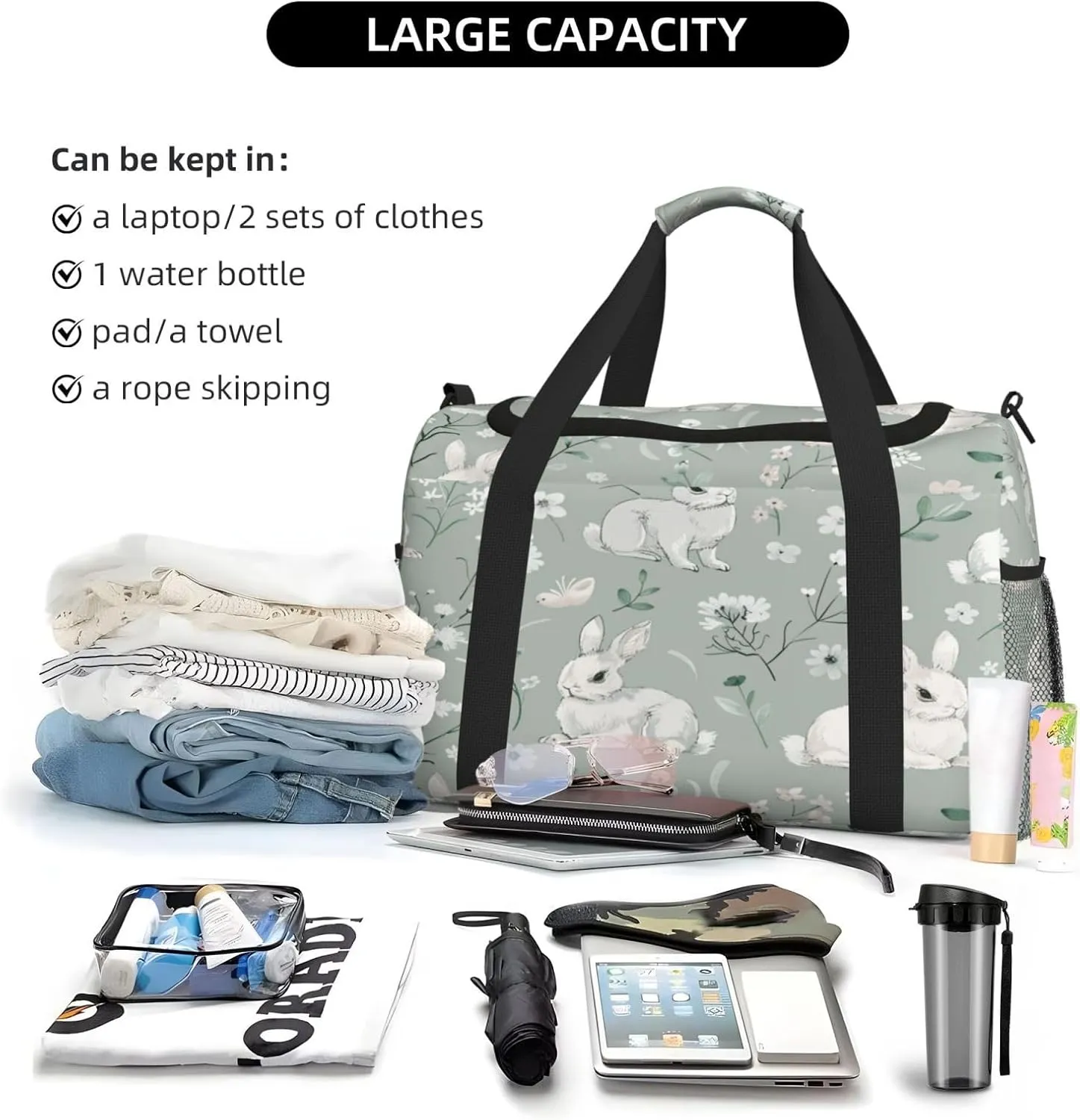 Travel Duffel Bag For Men Women, Wild Flowers Animal Rabbit Carry On Sport Gym Bag With Shoulder Strap Lightweight Waterproof Weekender Bag Overnight Bag