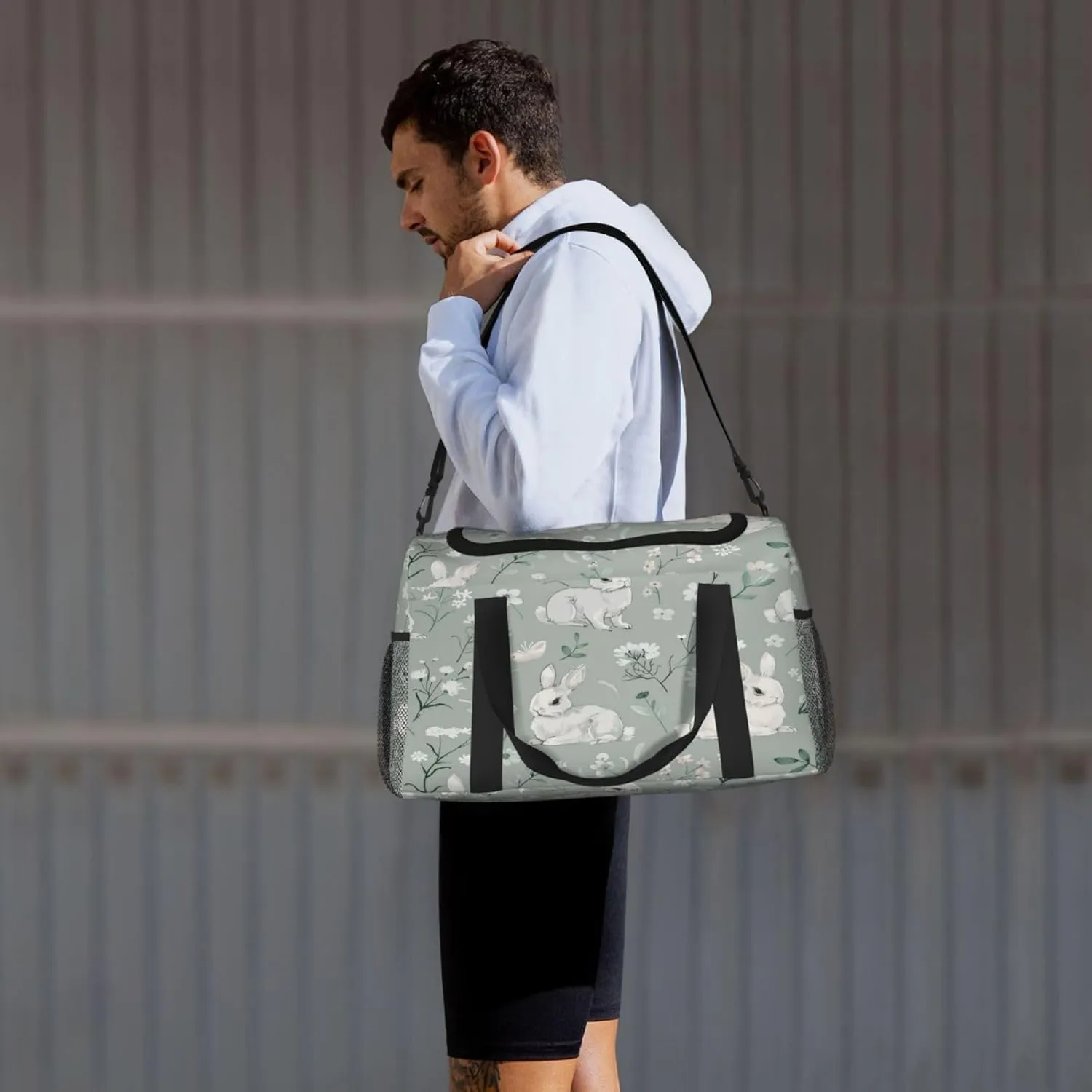 Travel Duffel Bag For Men Women, Wild Flowers Animal Rabbit Carry On Sport Gym Bag With Shoulder Strap Lightweight Waterproof Weekender Bag Overnight Bag