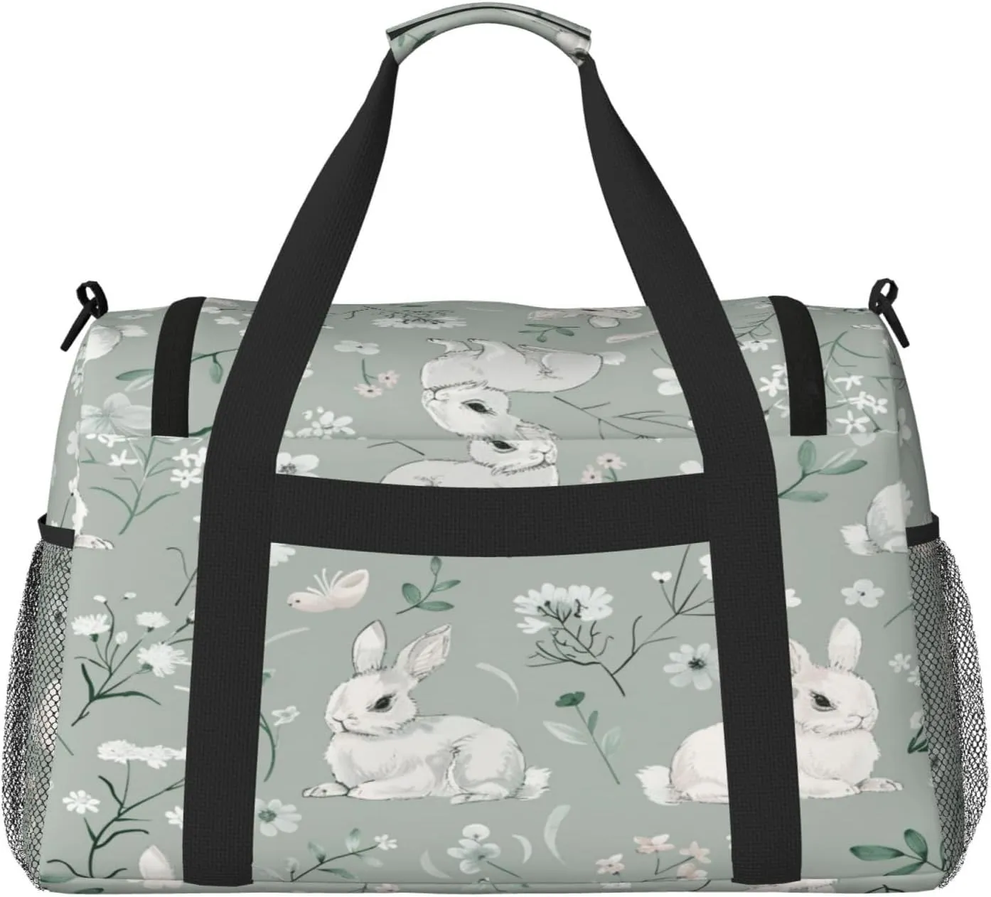 Travel Duffel Bag For Men Women, Wild Flowers Animal Rabbit Carry On Sport Gym Bag With Shoulder Strap Lightweight Waterproof Weekender Bag Overnight Bag