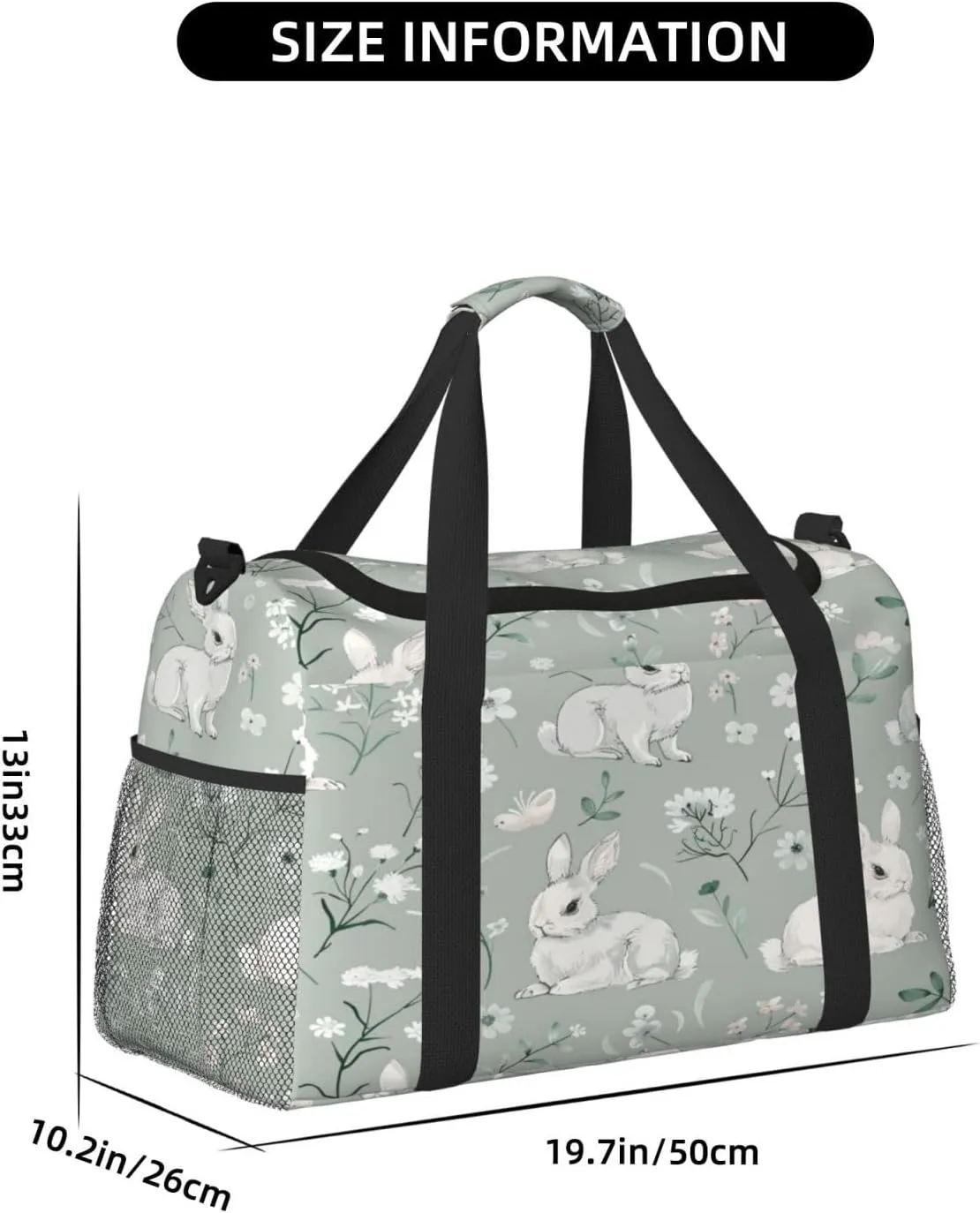 Travel Duffel Bag For Men Women, Wild Flowers Animal Rabbit Carry On Sport Gym Bag With Shoulder Strap Lightweight Waterproof Weekender Bag Overnight Bag