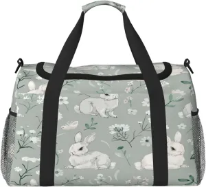Travel Duffel Bag For Men Women, Wild Flowers Animal Rabbit Carry On Sport Gym Bag With Shoulder Strap Lightweight Waterproof Weekender Bag Overnight Bag